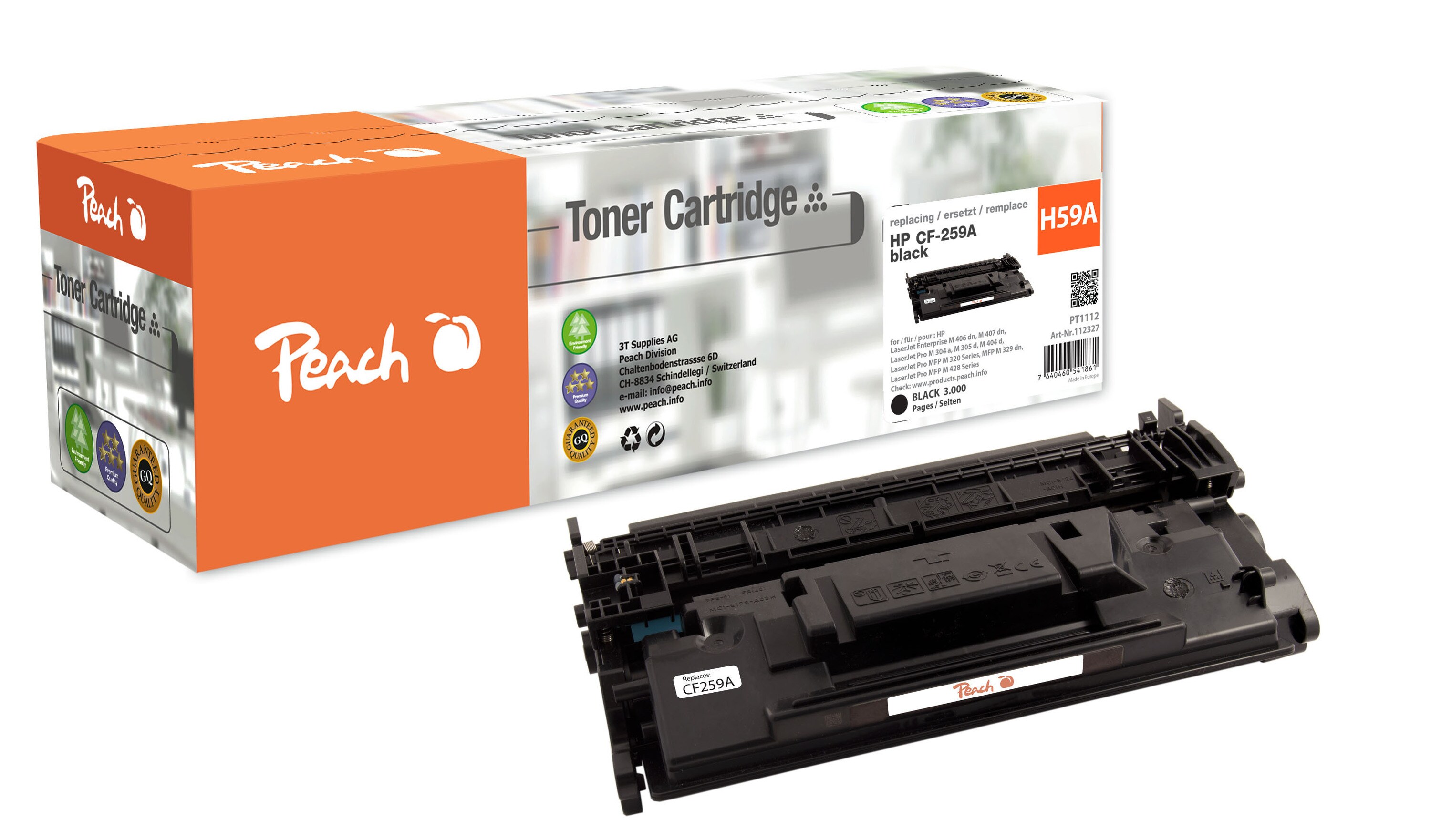 Peach HP 59 A Toner bk ersetzt HP No. 59A, CF259A f&uuml;r z.B. HP LaserJet Pro M 404 dn, HP LaserJet Enterprise M 406 dn, HP LaserJet Pro M 304 a (wiederaufbereitet) - Bild 1