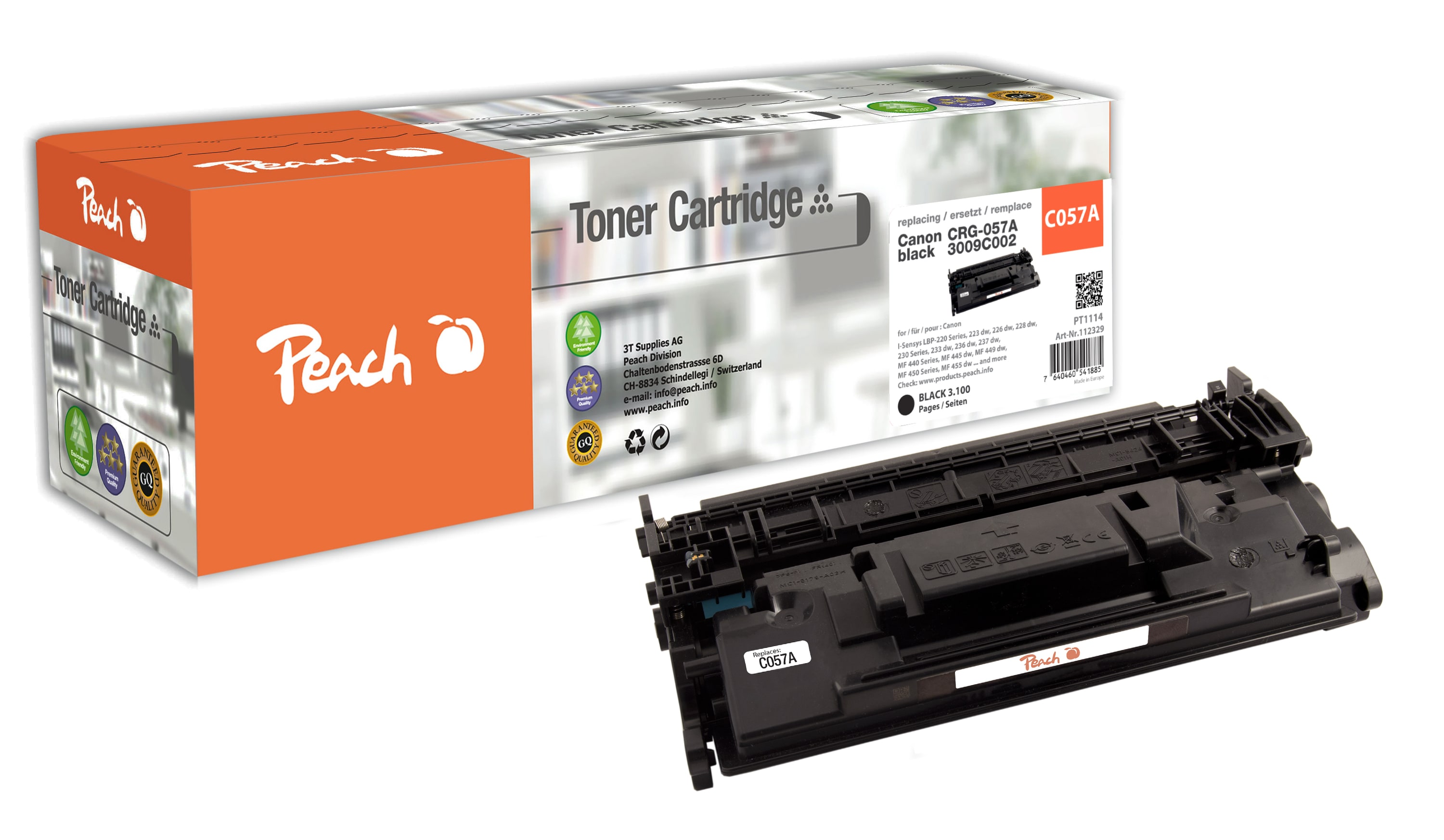 Peach HP 057 bk Toner bk ersetzt Canon CRG-057 bk, 3009C002 f&uuml;r z.B. Canon iSENSYS LBP -220, Canon iSENSYS LBP -223 dw, Canon iSENSYS LBP -226 dw (wiederaufbereitet) - Bild 1