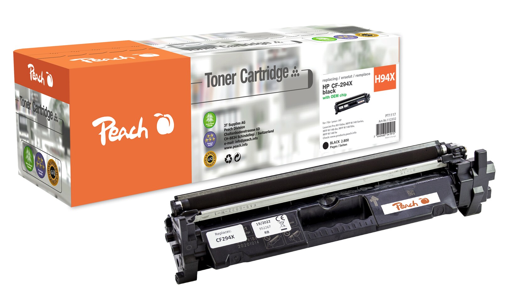 Peach HP 94 X Toner XL bk ersetzt HP No. 94X, CF294X für z.B. HP LaserJet Pro MFP M 148 dw, HP LaserJet Pro M 118 dw, HP LaserJet Pro MFP M 148 fdw (wiederaufbereitet)
