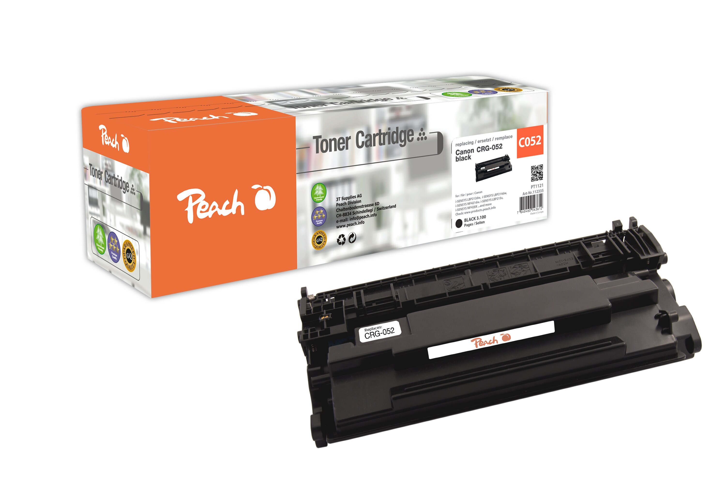 Peach HP 052 bk Toner bk ersetzt Canon CRG-052 bk, 2199C002 f&uuml;r z.B. Canon iSENSYS LBP -210, Canon iSENSYS LBP -212 dw, Canon iSENSYS LBP -214 dw (wiederaufbereitet) - Bild 1