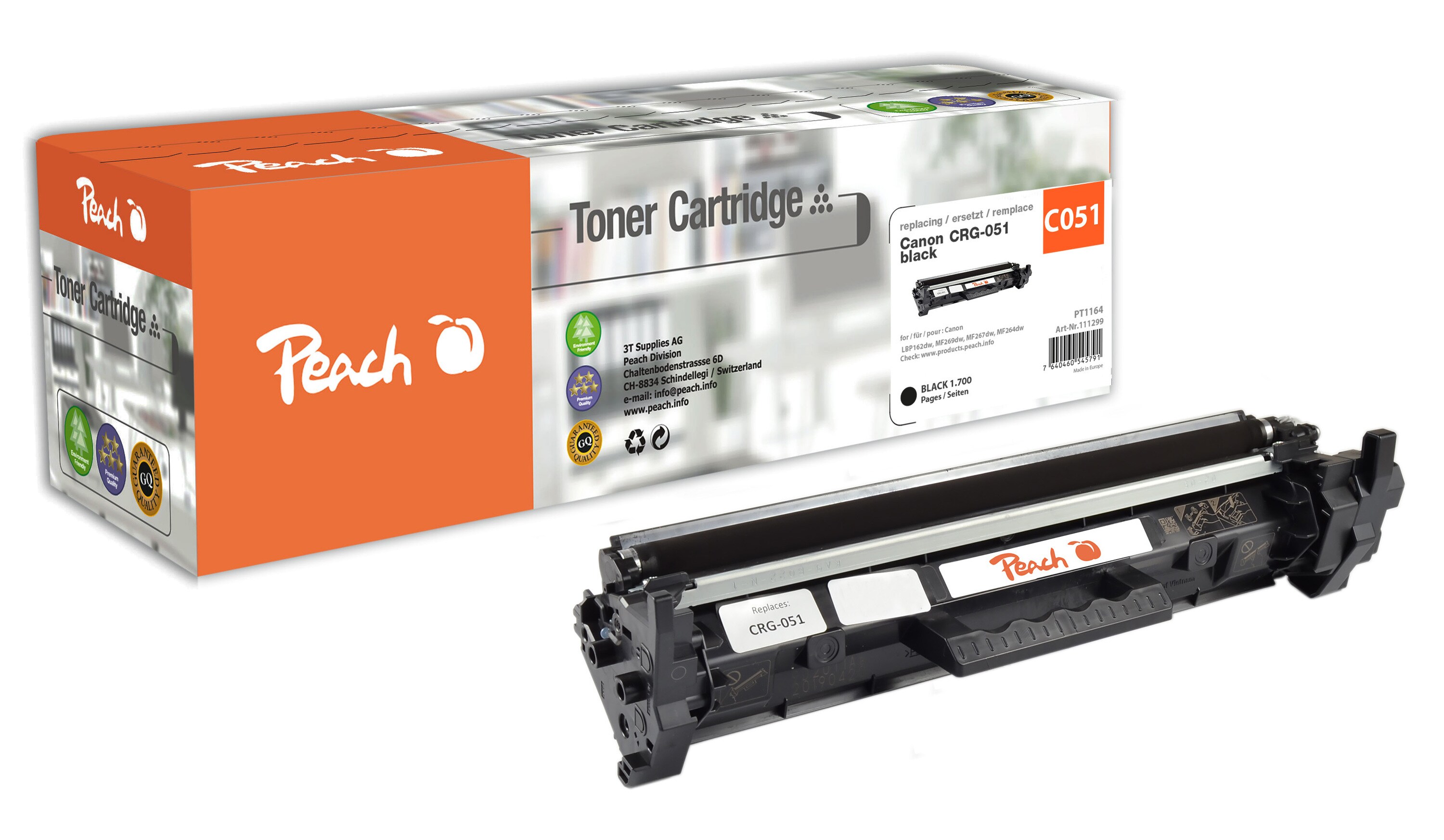 Peach HP 051 bk Toner bk ersetzt Canon CRG-051 bk, 2168C002 f&uuml;r z.B. Canon iSENSYS LBP -160, Canon iSENSYS LBP -162 dw, Canon iSENSYS LBP -162 dwf (wiederaufbereitet) - Bild 1
