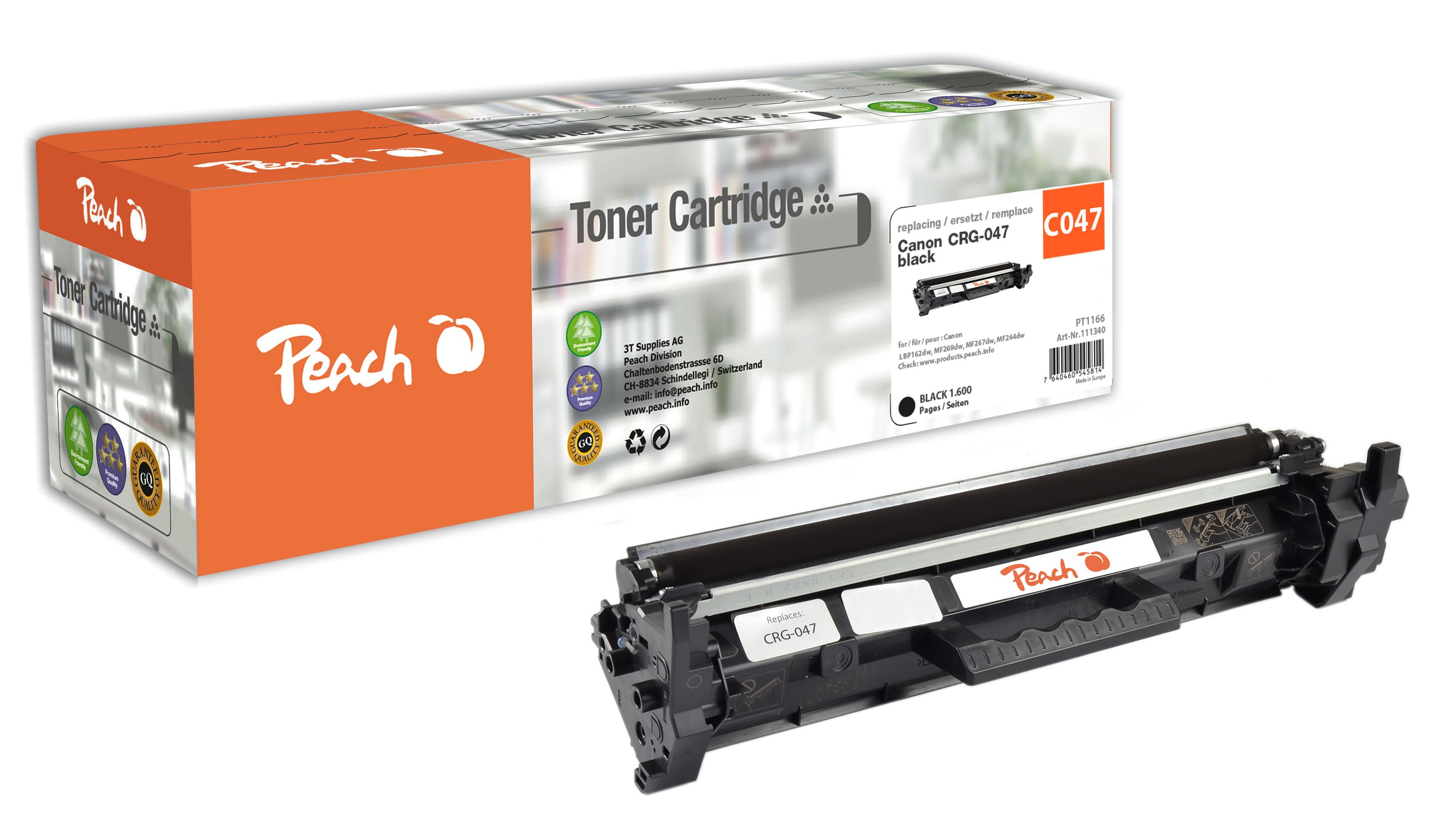 Peach HP 047 bk Toner bk ersetzt Canon CRG-047 bk, 2164C002 f&uuml;r z.B. Canon imageCLASS MF 113 w, Canon iSENSYS LBP -110, Canon iSENSYS LBP -112 (wiederaufbereitet) - Bild 1