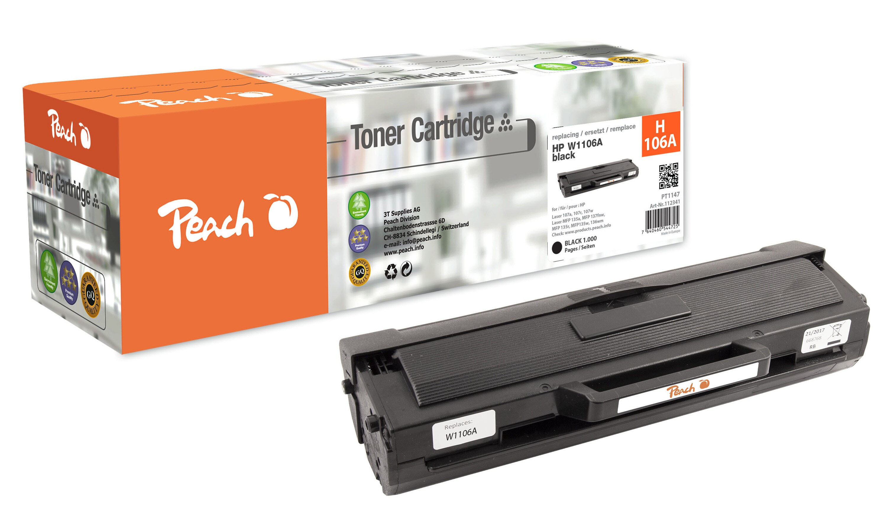 Peach HP 106 A Toner bk ersetzt HP No. 106A, W1106A f&uuml;r z.B. HP Laser 107 w, HP Laser 107 a, HP Laser 107 r, HP Laser 107, HP Laser MFP 130 (wiederaufbereitet) - Bild 1