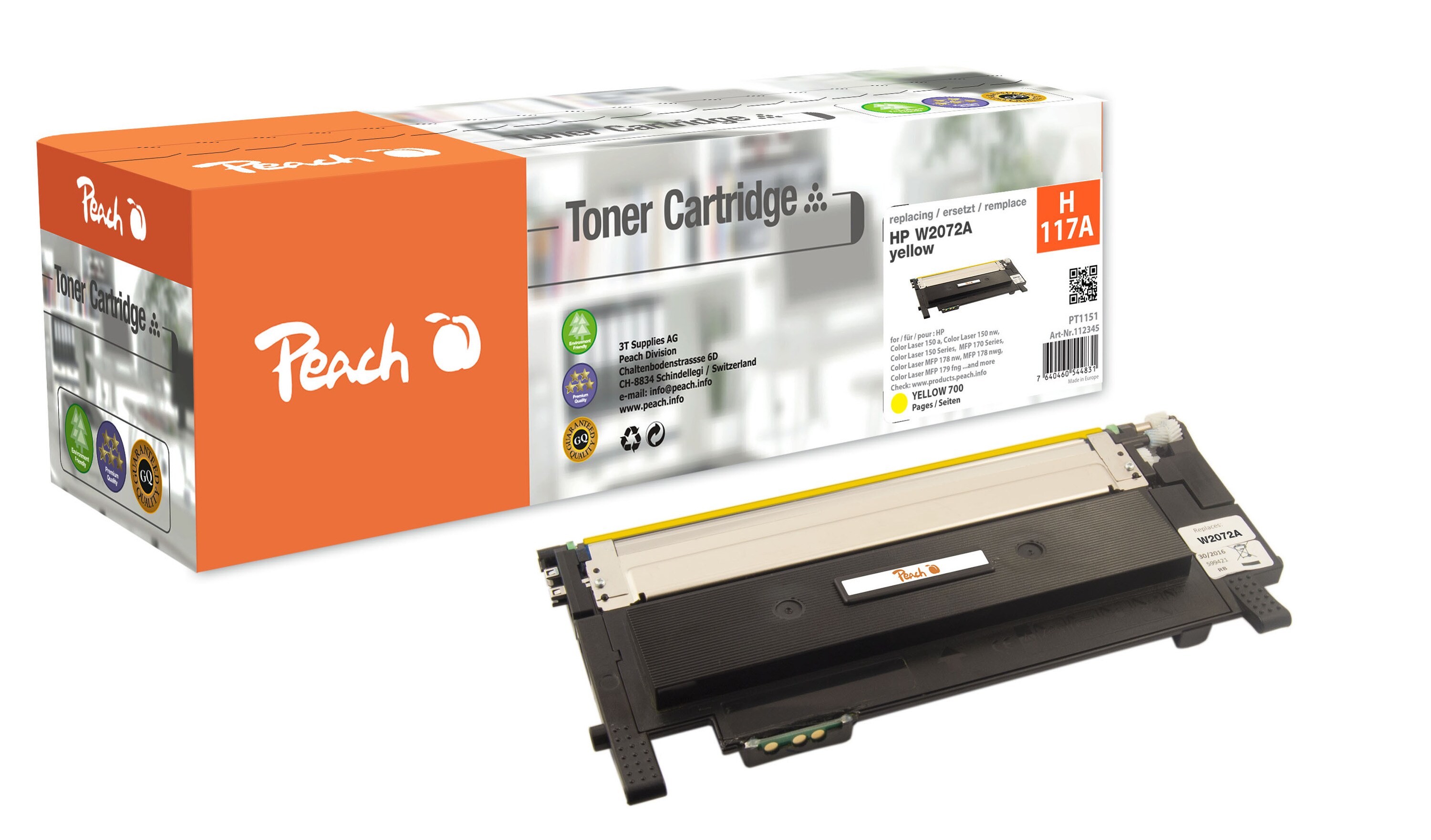 Peach HP 117 AY Toner ye ersetzt HP No. 117A Y, W2072A f&uuml;r z.B. HP Color Laser MFP 178 nw, HP Color Laser 150 nw, HP Color Laser MFP 170 (wiederaufbereitet) - Bild 1
