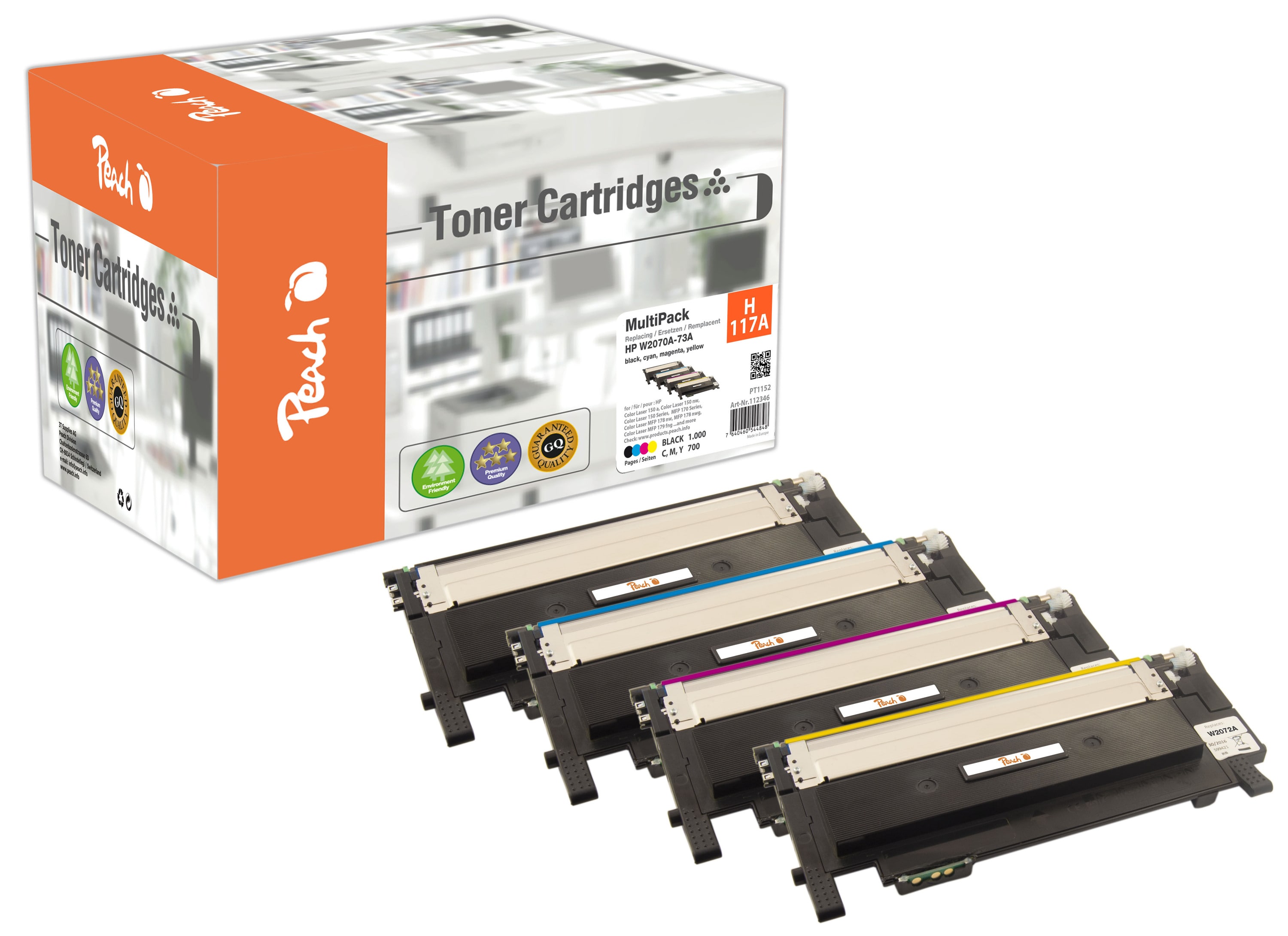Peach HP 117 A 4 Toner (bk, c/m/y) ersetzt HP No. 117A, W2070A, W2071A, W2072A, W2073A f&uuml;r z.B. HP Color Laser MFP 178 nw, HP Color Laser 150 nw (wiederaufbereitet) - Bild 1