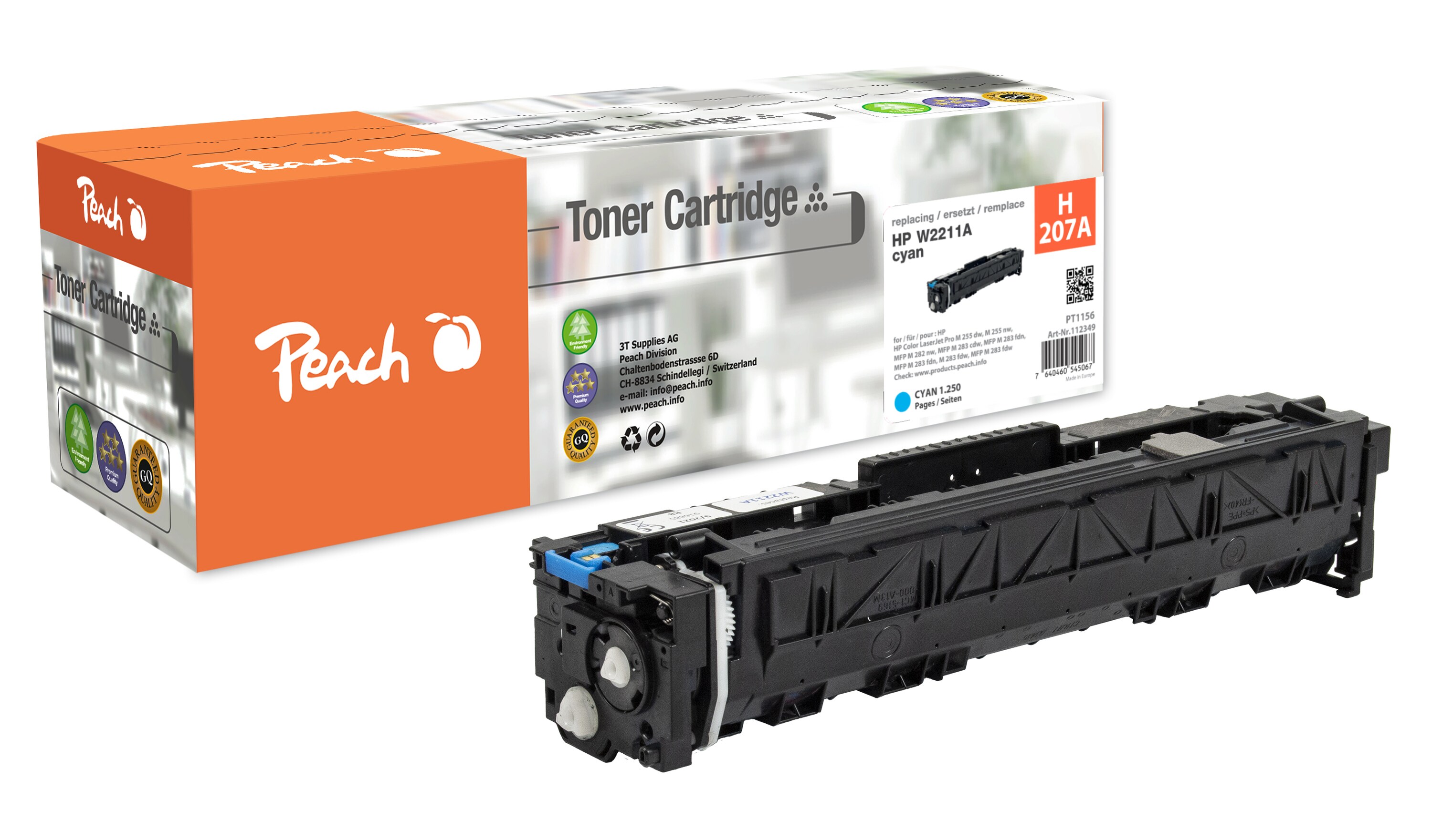 Peach HP 207 A Toner cy ersetzt HP No. 207A, W2211A f&uuml;r z.B. HP Color LaserJet Pro MFP M 283 fdw, HP Color LaserJet Pro MFP M 282 nw (wiederaufbereitet) - Bild 1