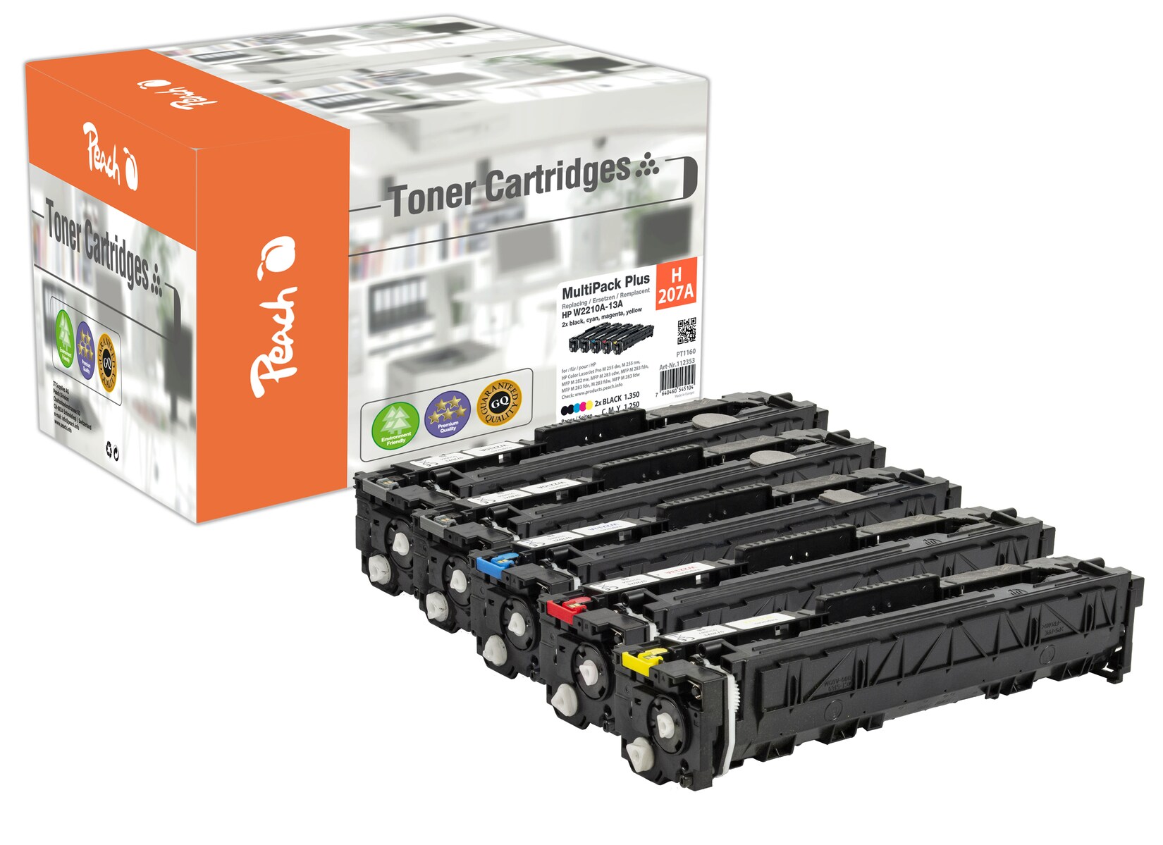 Peach HP 207 A 5 Toner (2xbk, c/m/y) ersetzt HP No. 207A, W2210A*2, W2211A, W2212A, W2213A für z.B. HP Color LaserJet Pro MFP M 282 nw (wiederaufbereitet)