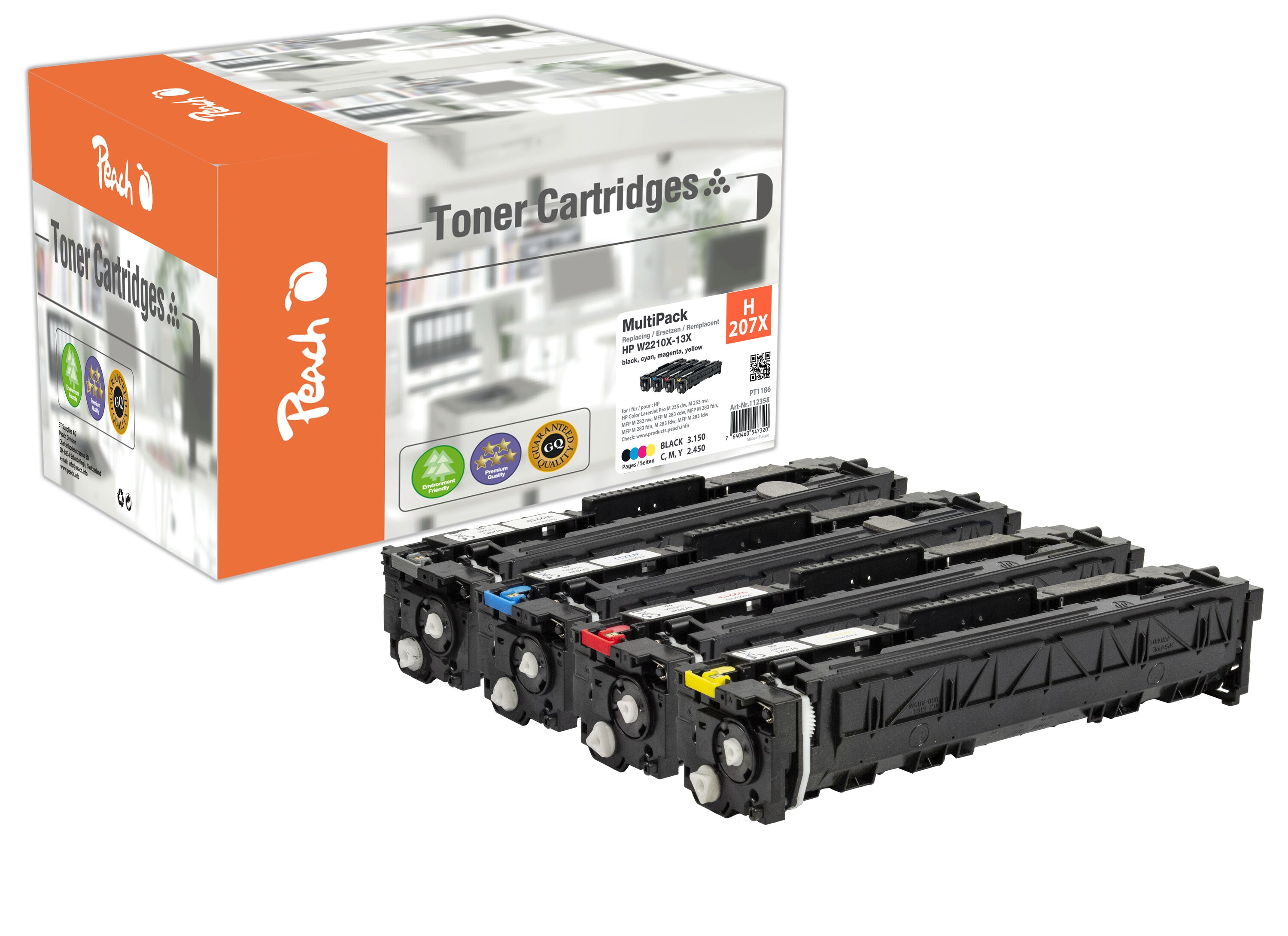 Peach HP 207 X 4 Toner XL (bk, c/m/y) ersetzt HP No. 207X, W2210X, W2211X, W2212X, W2213X f&uuml;r z.B. HP Color LaserJet Pro MFP M 283 fdw (wiederaufbereitet) - Bild 1