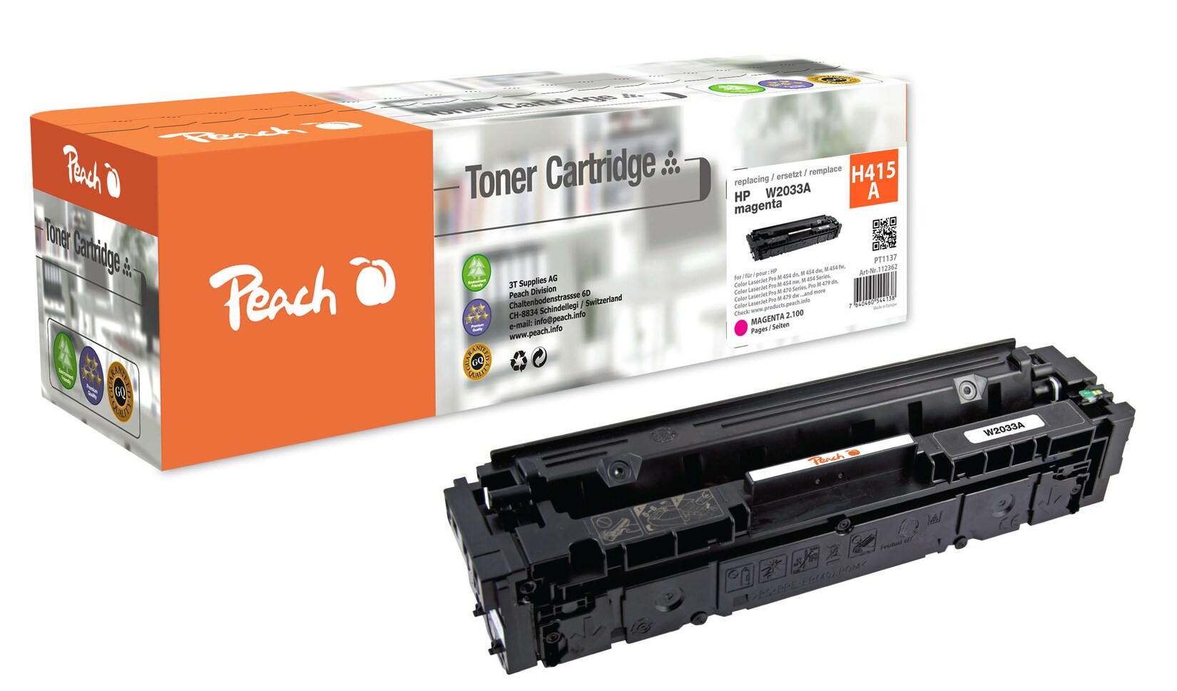 Peach HP 415 A Toner ma ersetzt HP No. 415A, W2033A für z.B. HP Color LaserJet Enterprise MFP M 480 f, HP Color LaserJet Pro MFP M 454 dw (wiederaufbereitet)