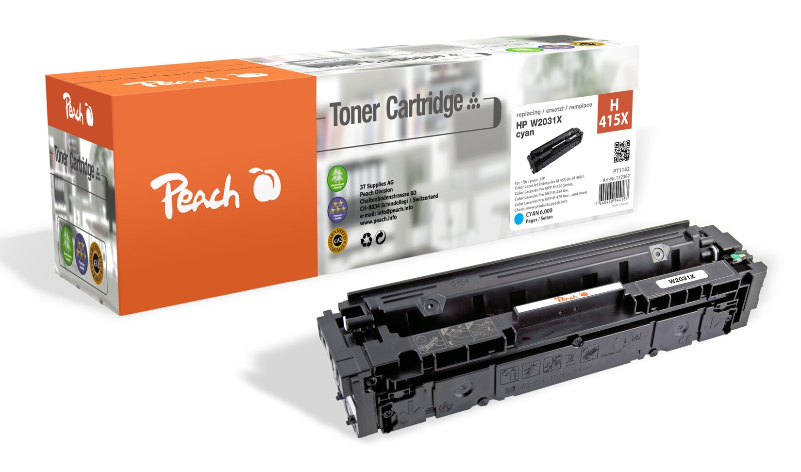 Peach HP 415 X Toner XL cy ersetzt HP No. 415X, W2031X für z.B. HP Color LaserJet Enterprise MFP M 480 f, HP Color LaserJet Pro MFP M 454 dw (wiederaufbereitet)