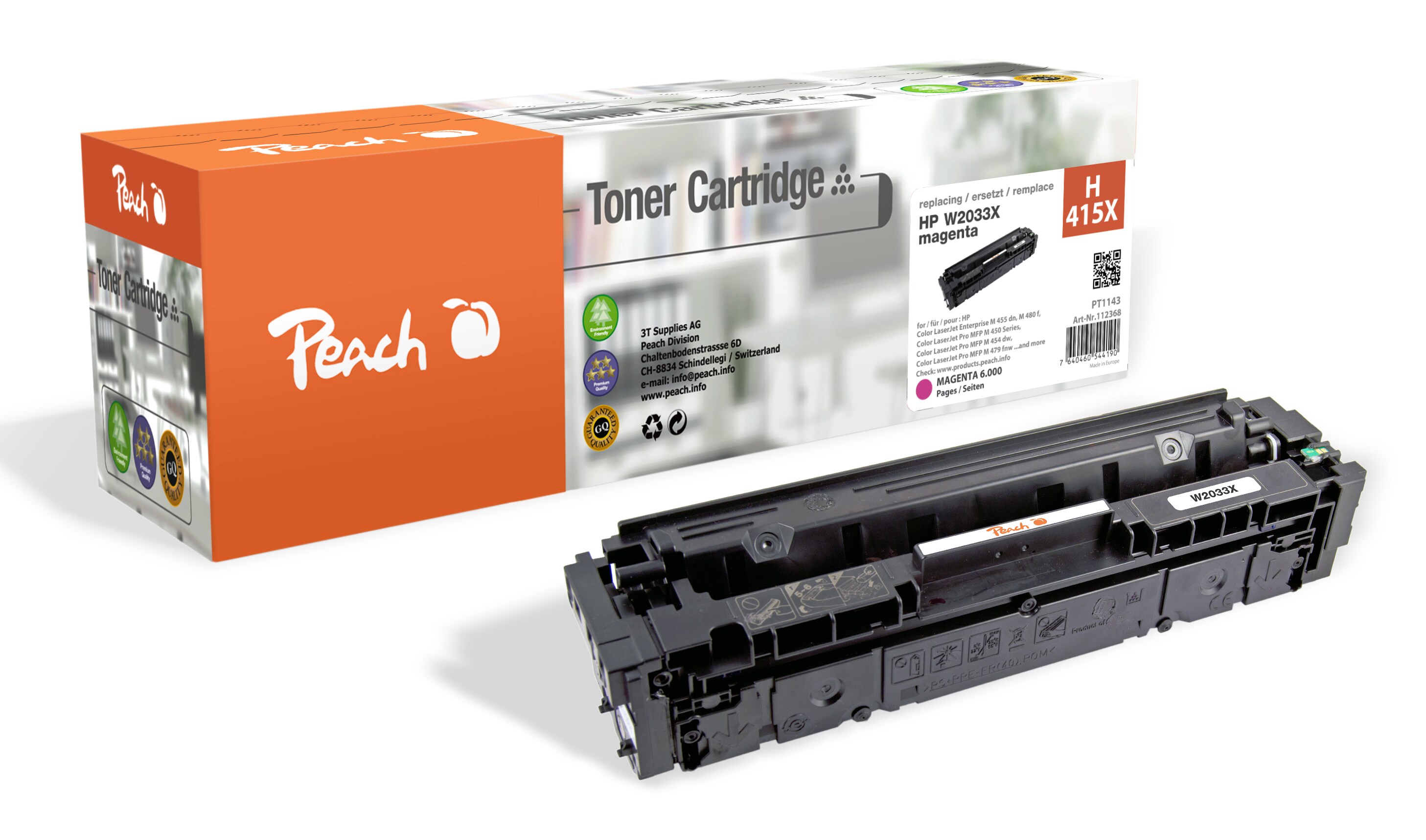 Peach HP 415 X Toner XL ma ersetzt HP No. 415X, W2033X f&uuml;r z.B. HP Color LaserJet Pro MFP M 479 dw, HP Color LaserJet Enterprise MFP M 480 f (wiederaufbereitet) - Bild 1