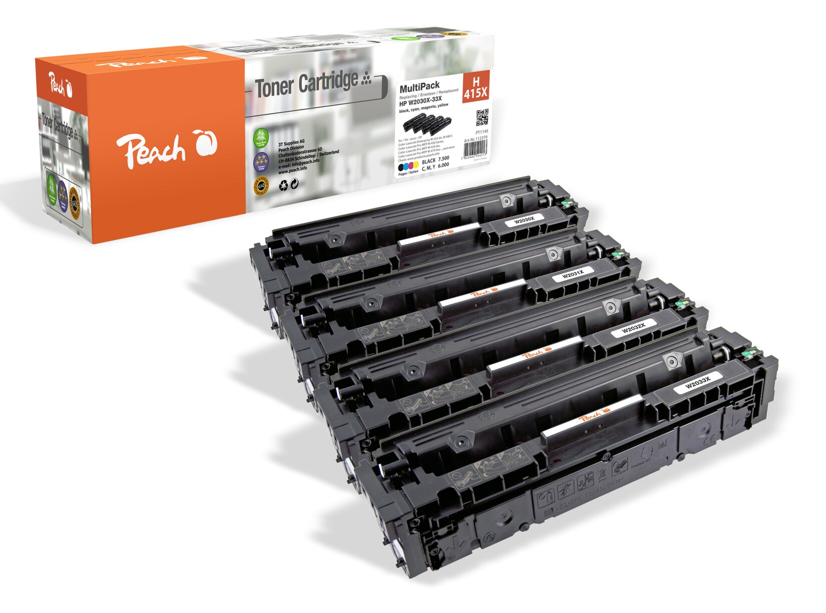 Peach HP 415 X 4 Toner XL (bk, c/m/y) ersetzt HP No. 415X, W2030X, W2031X, W2032X, W2033X für z.B. HP Color LaserJet Enterprise MFP M 480 f (wiederaufbereitet)