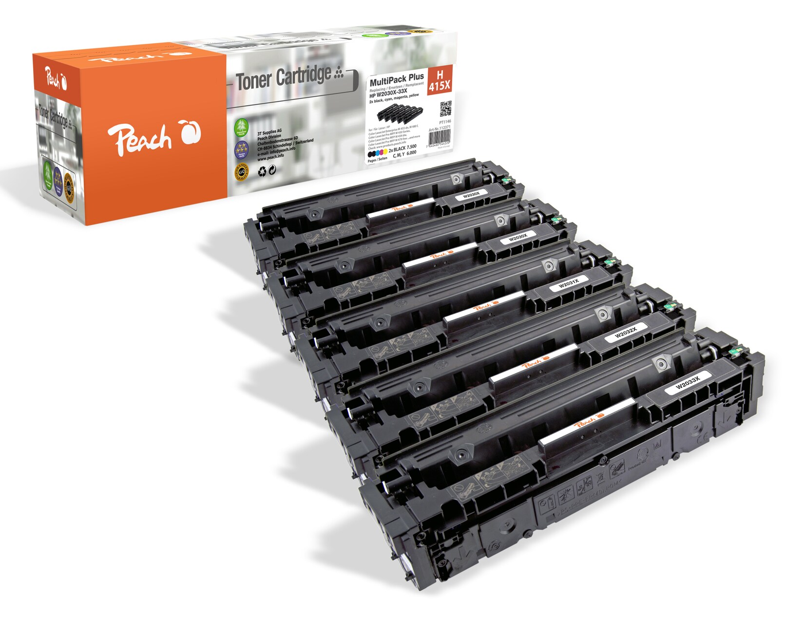 Peach HP 415 X 5 Toner XL (2*bk, c/m/y) ersetzt HP No. 415X, W2030X*2, W2031X, W2032X, W2033X für z.B. HP Color LaserJet Enterprise MFP M 480 f (wiederaufbereitet)