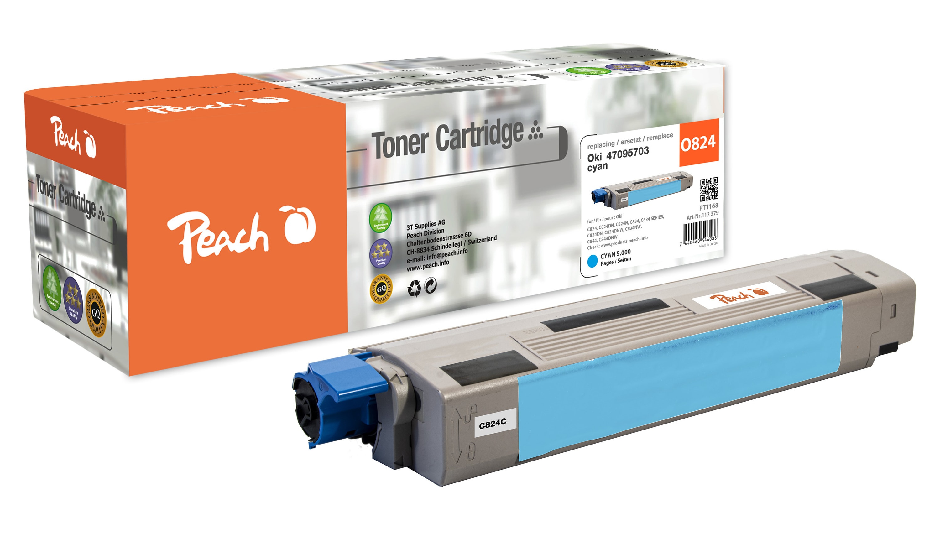Peach O4709  Toner cy ersetzt OKI 47095703 f&uuml;r z.B. OKI C 834 DN, OKI C 834, OKI C 824 dn, OKI C 824 n, OKI C 824, OKI C 834 dnw, OKI C 834 nw (wiederaufbereitet) - Bild 1