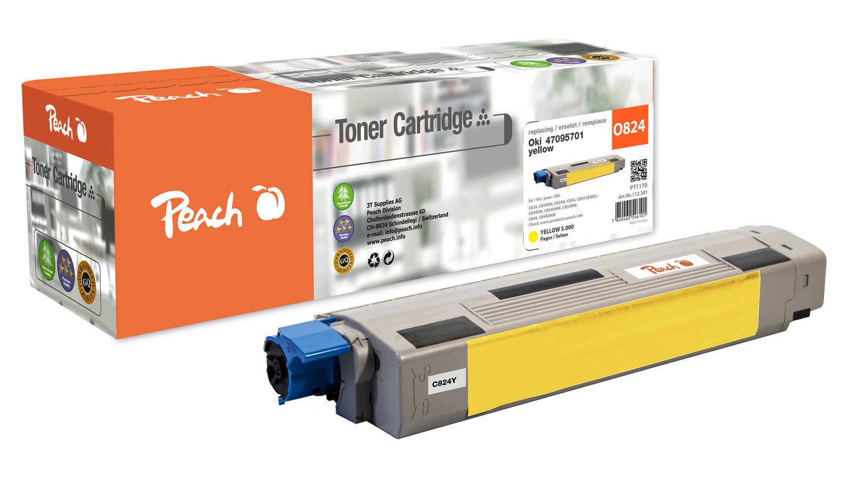Peach O4709 Toner ye ersetzt OKI 47095701 für z.B. OKI C 834 DN, OKI C 834, OKI C 824 dn, OKI C 824 n, OKI C 824, OKI C 834 dnw, OKI C 834 nw (wiederaufbereitet)