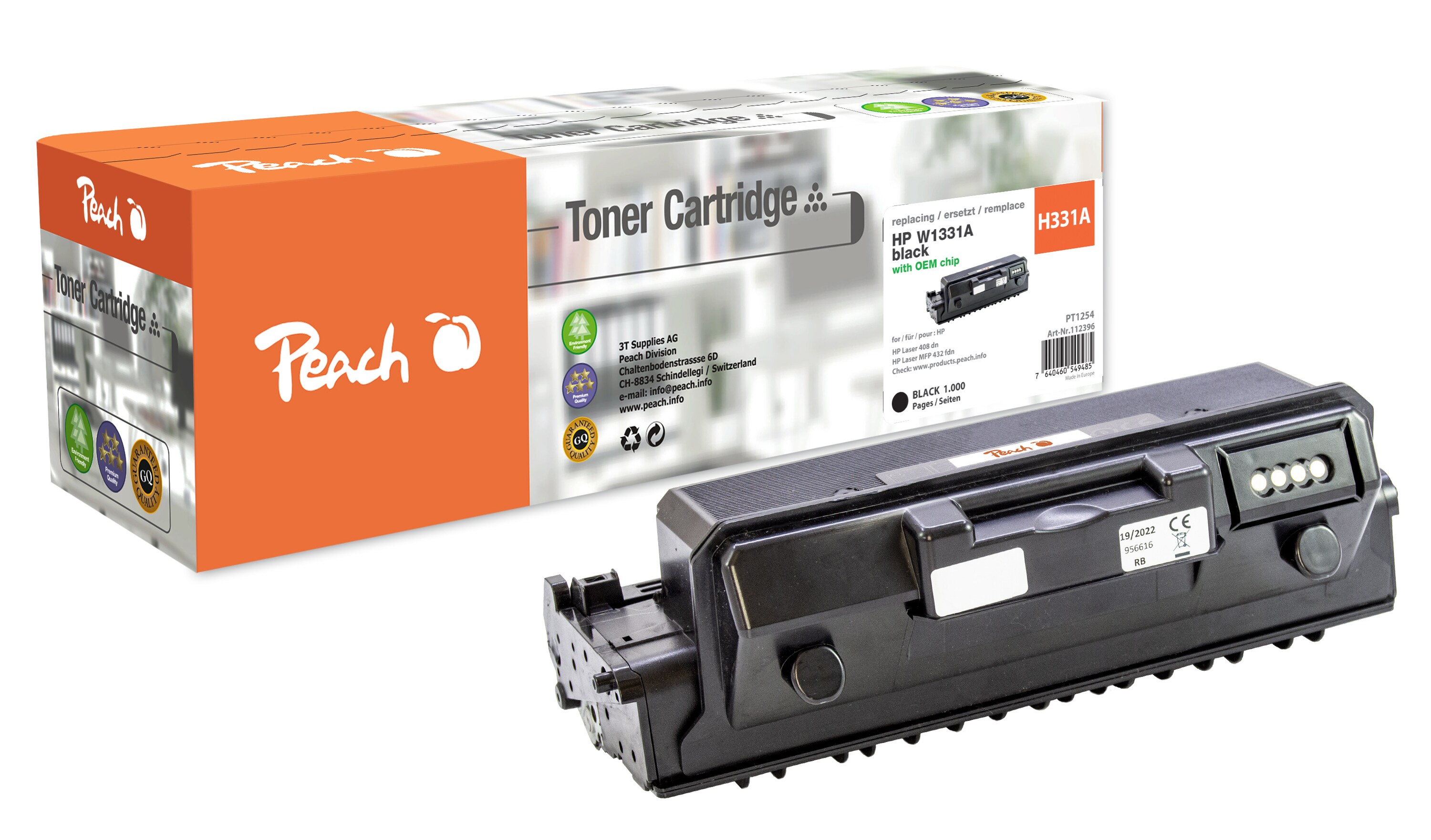 Peach HP 331 A Toner bk ersetzt HP No. 331A, W1331A f&uuml;r z.B. HP Laser 408 dn, HP Laser MFP 432 fdn (wiederaufbereitet) - Bild 1