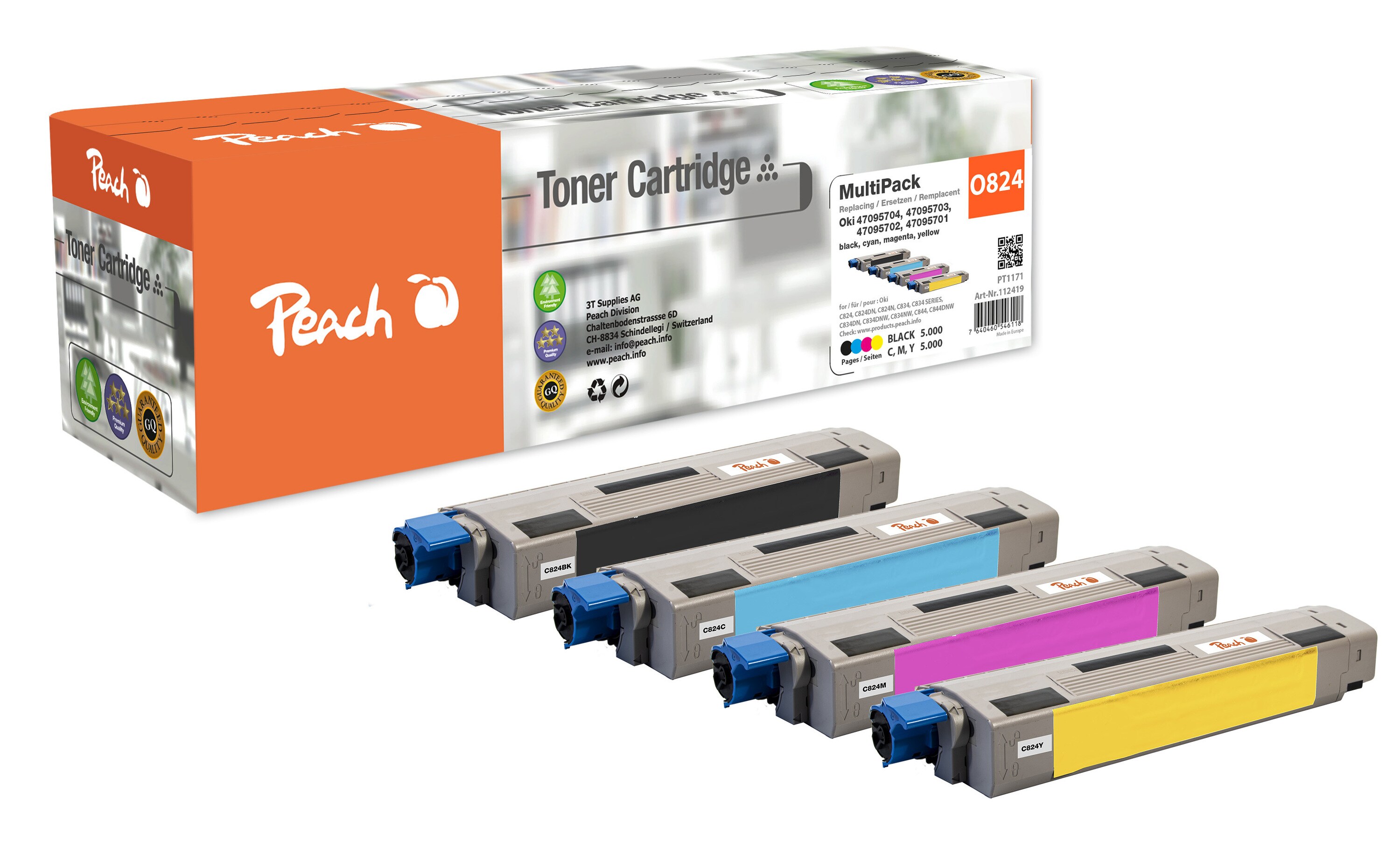 Peach O47095701-4 4 Toner (bk, c/m/y) ersetzt OKI No. 47095701-4 f&uuml;r z.B. OKI C 834 DN, OKI C 834, OKI C 824 dn, OKI C 824 n, OKI C 824 - Bild 1