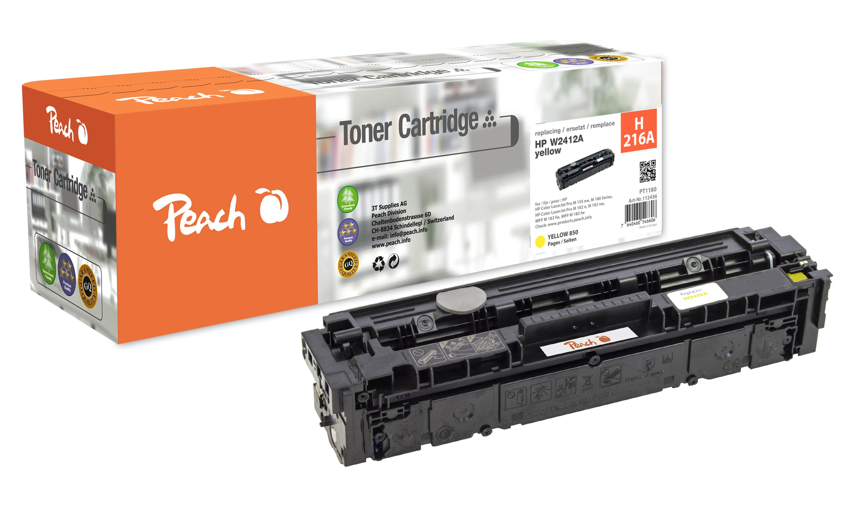 Peach HP 216 A Toner ye ersetzt HP No. 216A, W2412A f&uuml;r z.B. HP Color LaserJet Pro MFP M 183 fw, HP Color LaserJet Pro M 155 nw (wiederaufbereitet) - Bild 1