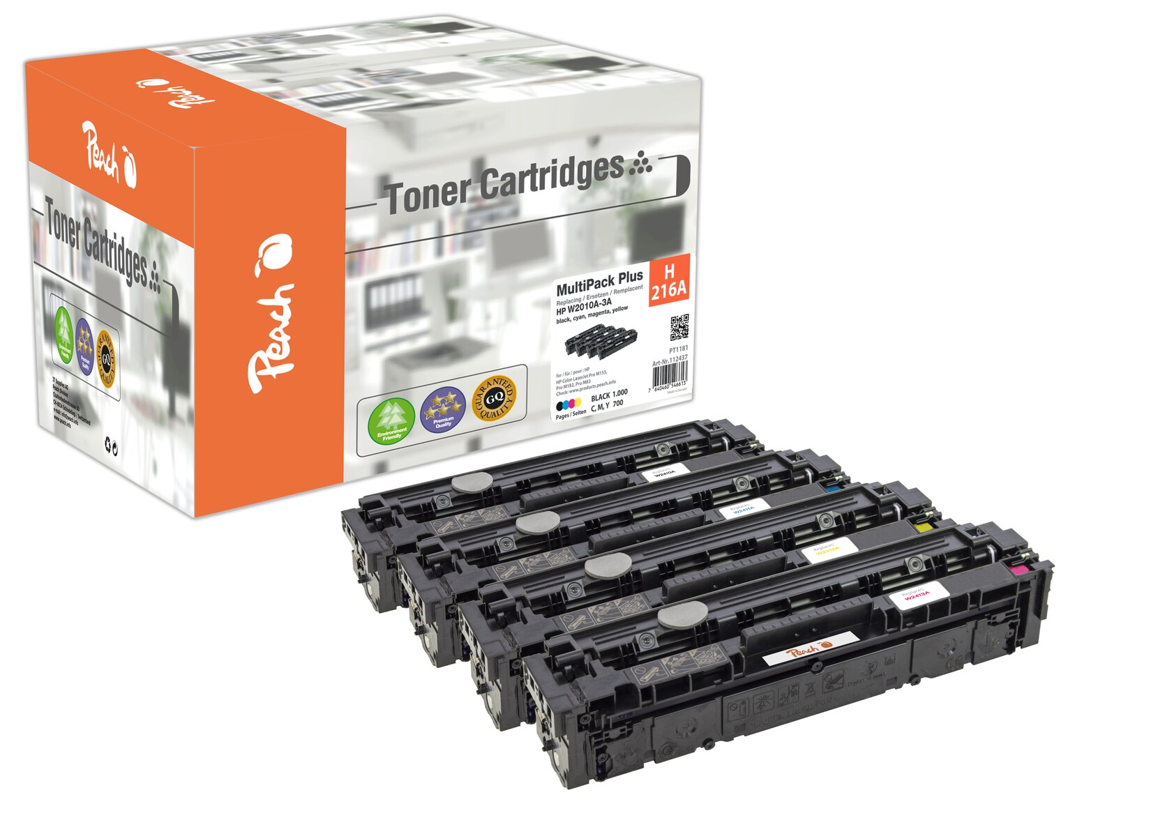 Peach HP 216 A 4 Toner (bk, c/m/y) ersetzt HP No. 216A, W2410A, W2411A, W2412A, W2413A für z.B. HP Color LaserJet Pro M 155 nw (wiederaufbereitet)