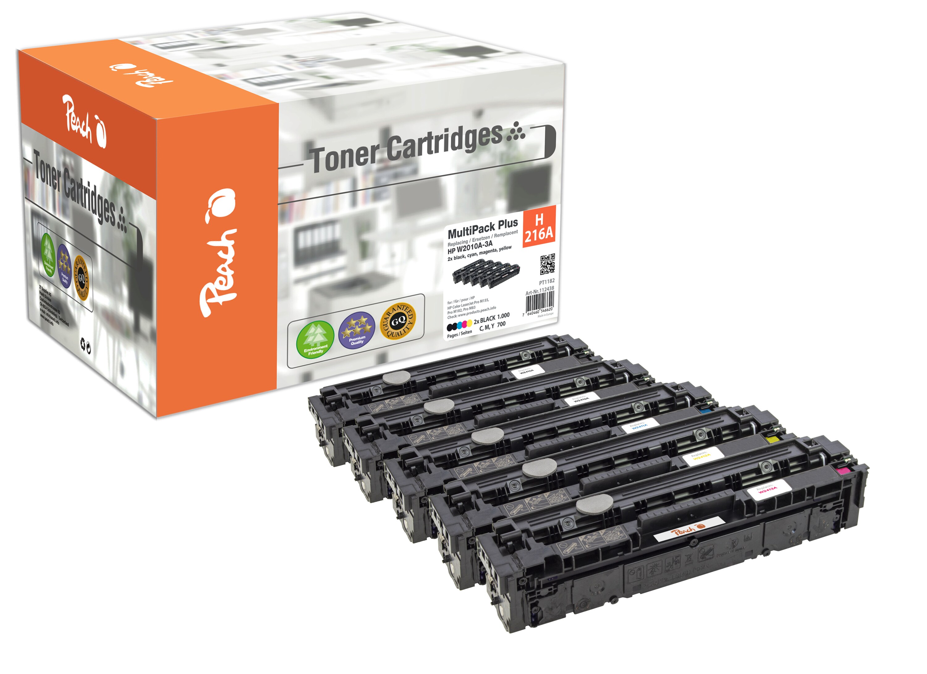 Peach HP 216 A 5 Toner (2*bk, c/m/y) ersetzt HP No. 216A, W2410A*2, W2411A, W2412A, W2413A f&uuml;r z.B. HP Color LaserJet Pro MFP M 183 fw (wiederaufbereitet) - Bild 1