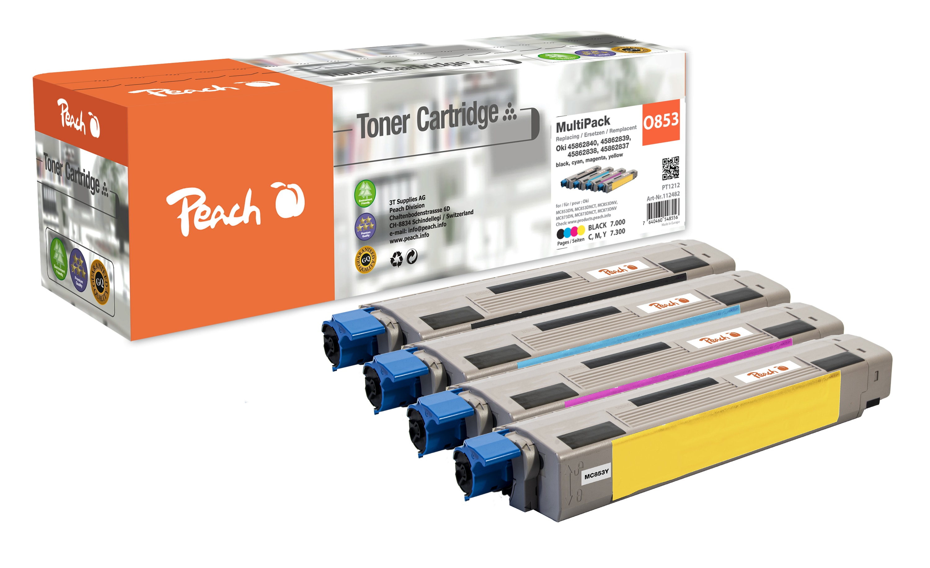 Peach O4586  4 Toner (bk, c/m/y) ersetzt OKI 45862840, 45862839, 45862838, 45862837 f&uuml;r z.B. OKI MC 853 dn, OKI MC 853 dnct, OKI MC 853 dnv (wiederaufbereitet) - Bild 1
