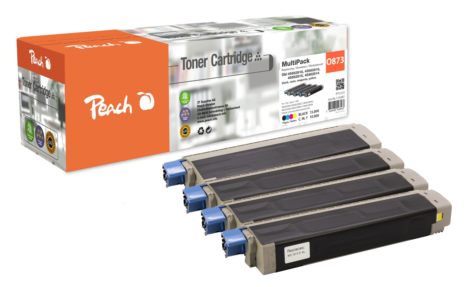 Peach O4586 4 Toner XL (bk, c/m/y) ersetzt OKI 45862818, 45862816, 45862815, 45862814 für z.B. OKI MC 870, OKI MC 873 dn, OKI MC 873 dnc (wiederaufbereitet)