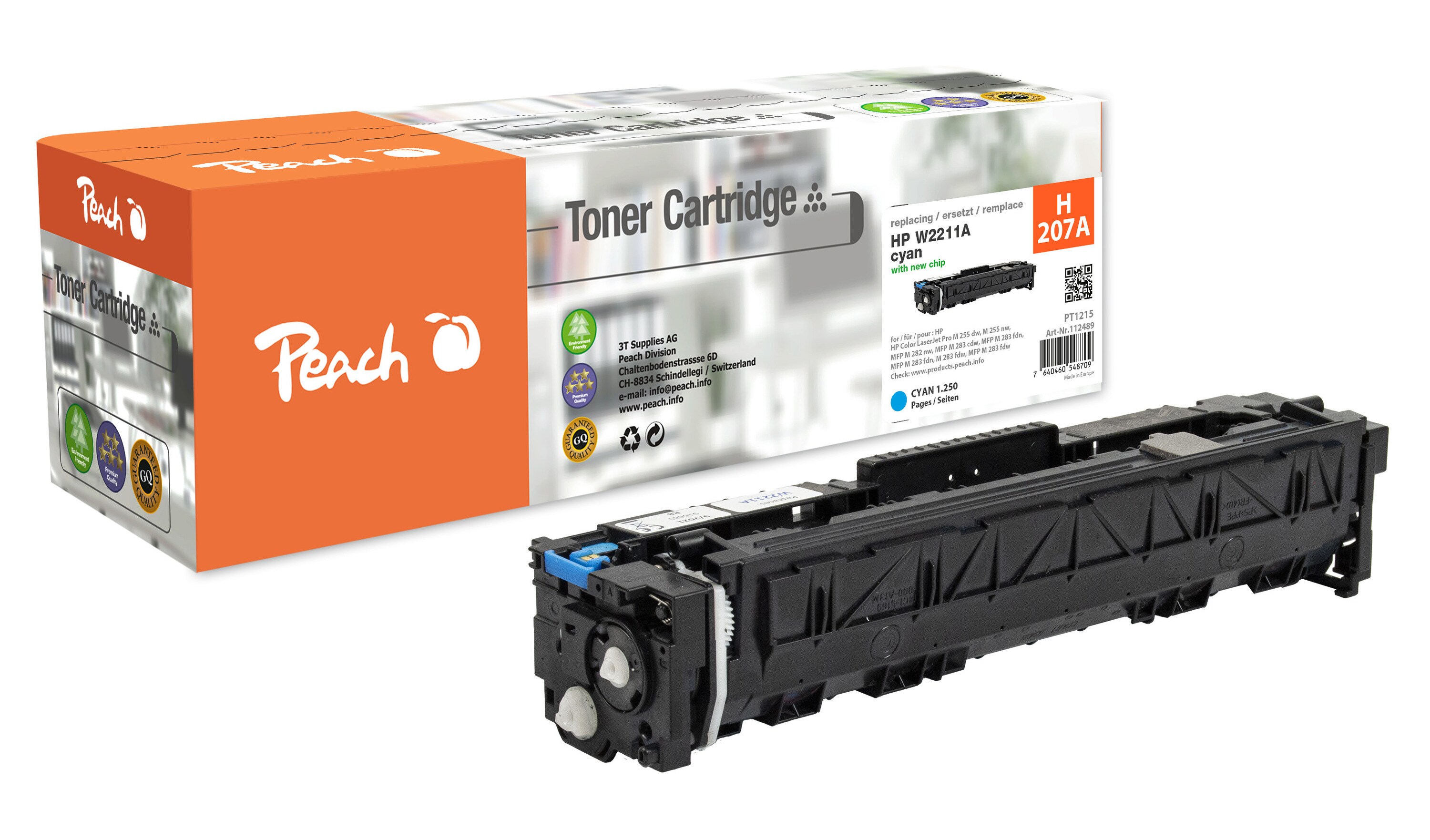 Peach HP 207 A Toner cy ersetzt HP No. 207A, W2211A f&uuml;r z.B. HP Color LaserJet Pro MFP M 283 fdw, HP Color LaserJet Pro MFP M 282 nw (wiederaufbereitet) - Bild 1