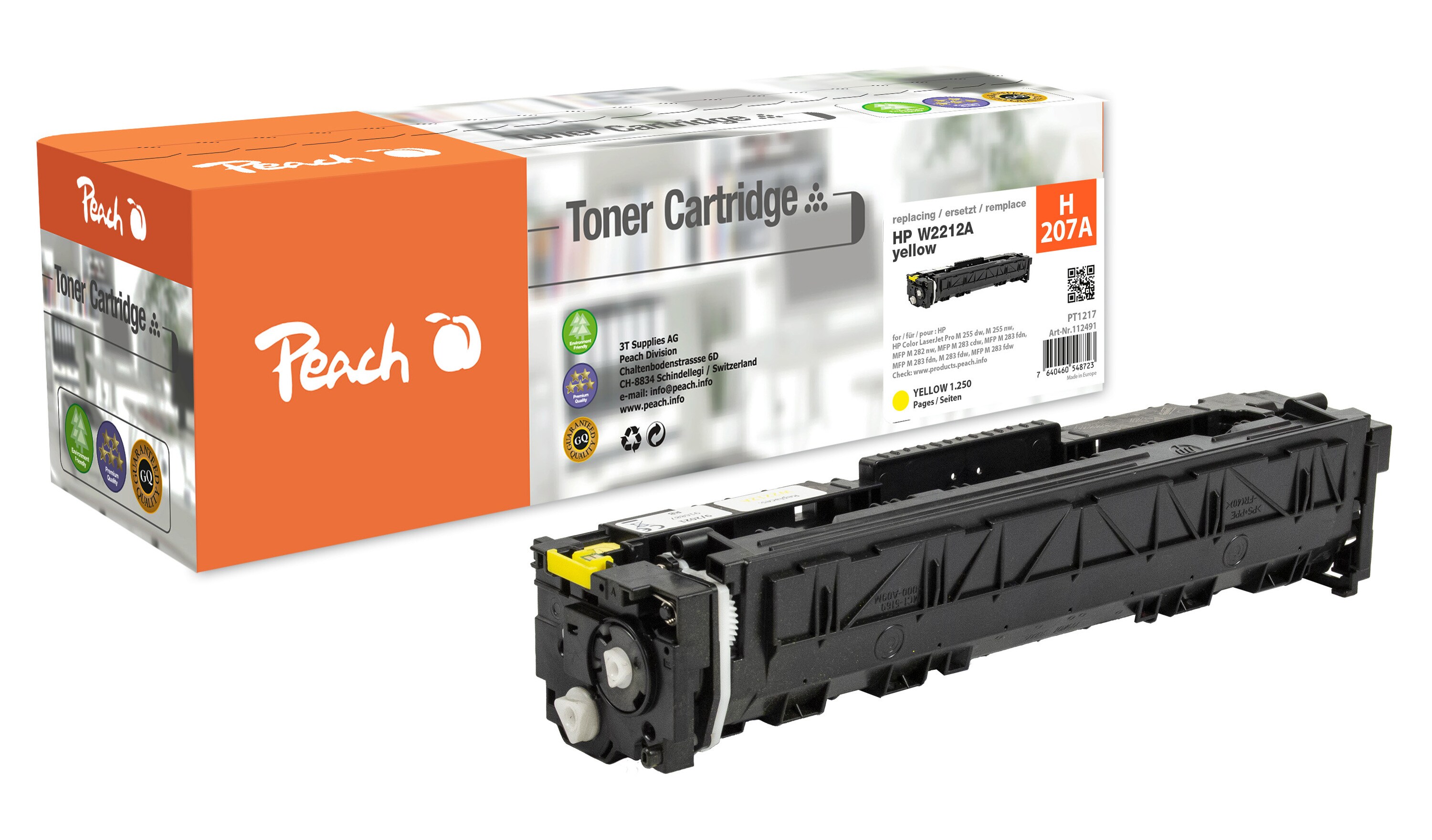 Peach HP 207 A Toner ye ersetzt HP No. 207A, W2212A f&uuml;r z.B. HP Color LaserJet Pro MFP M 283 fdw, HP Color LaserJet Pro MFP M 282 nw (wiederaufbereitet) - Bild 1