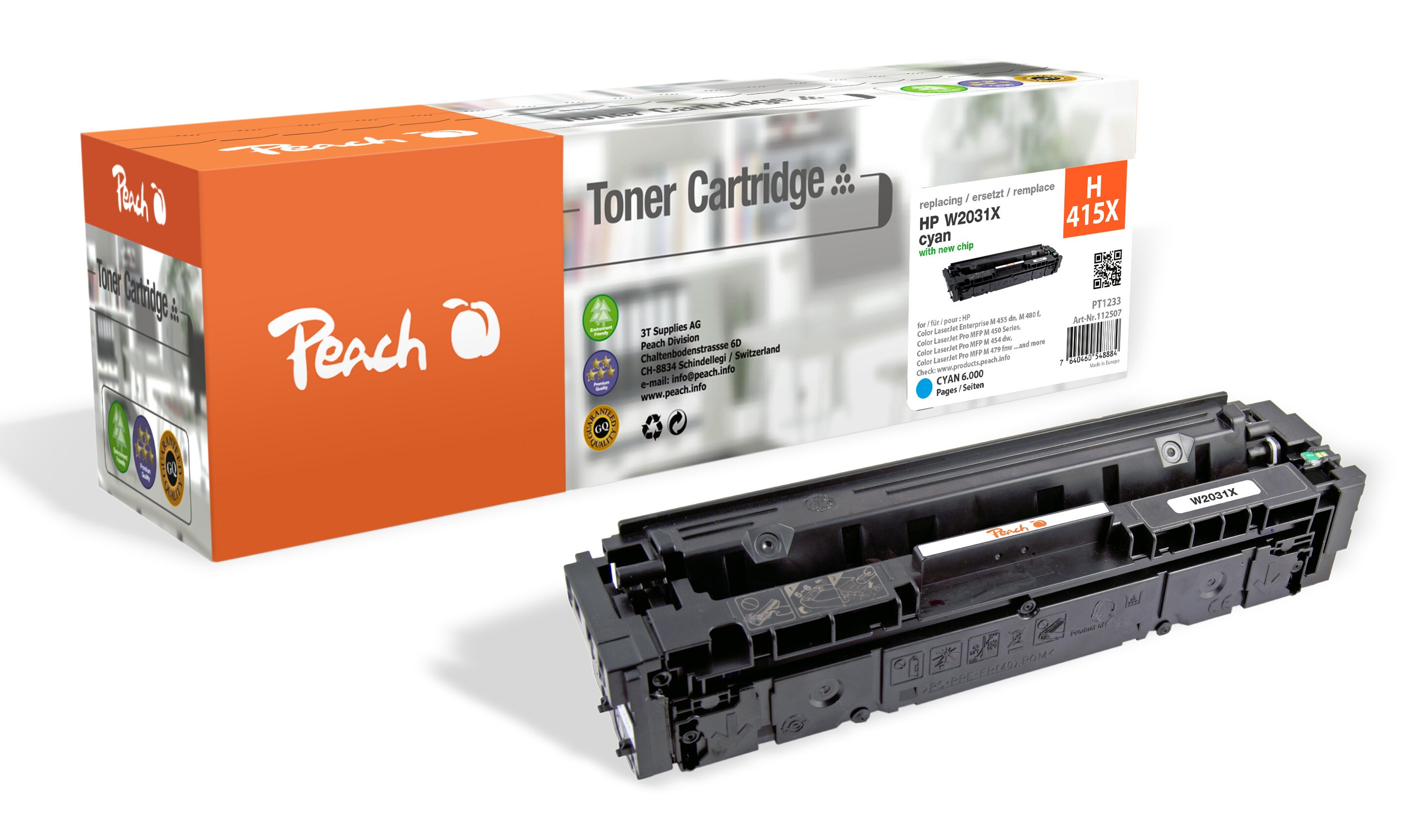 Peach HP 415 X Toner XL cy ersetzt HP No. 415X, W2031X f&uuml;r z.B. HP Color LaserJet Pro MFP M 479 dw, HP Color LaserJet Enterprise MFP M 480 f (wiederaufbereitet) - Bild 1