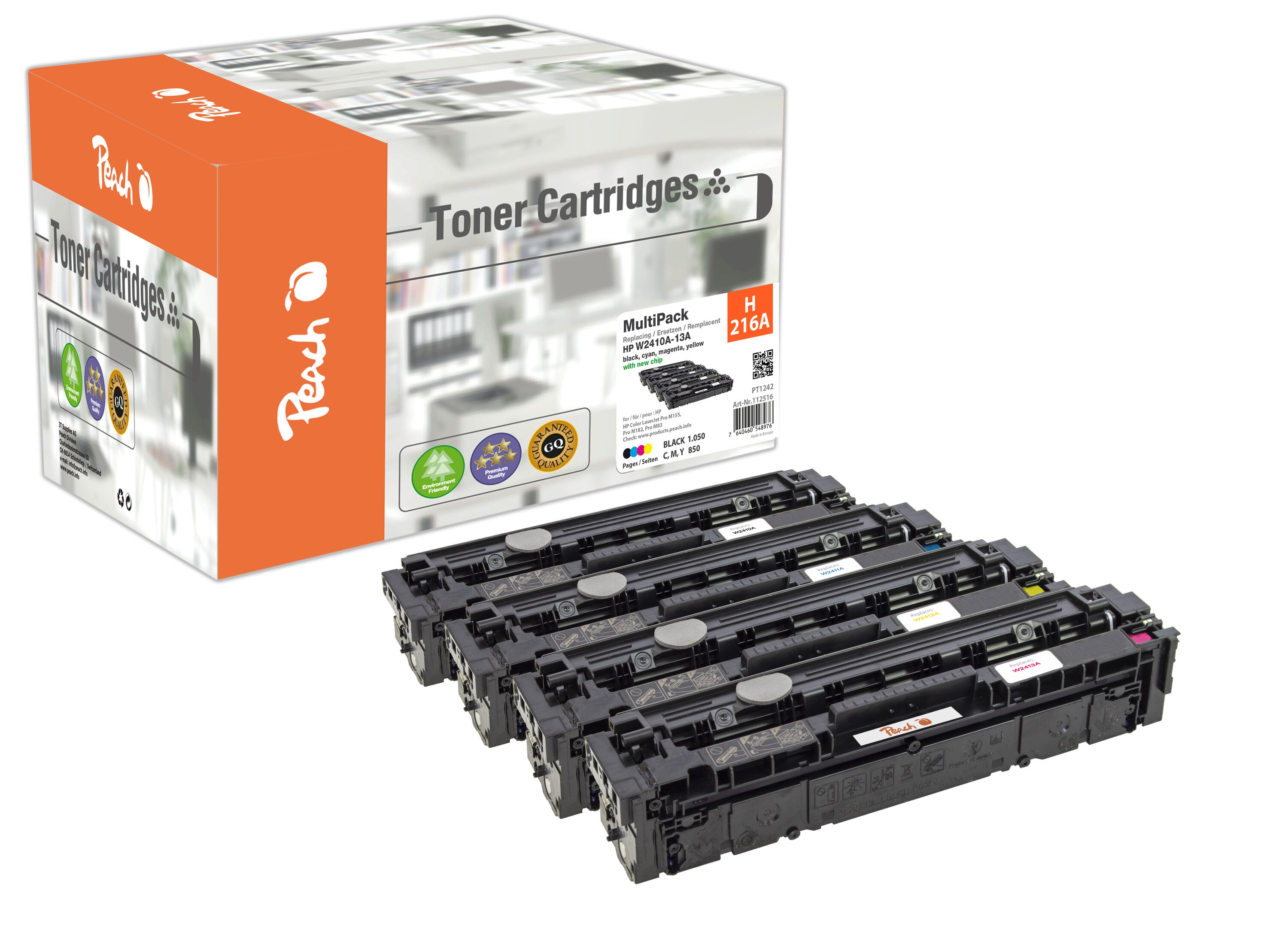Peach HP 216 A 4 Toner (bk, c/m/y) ersetzt HP No. 216A, W2410A, W2411A, W2412A, W2413A f&uuml;r z.B. HP Color LaserJet Pro MFP M 183 fw (wiederaufbereitet) - Bild 1