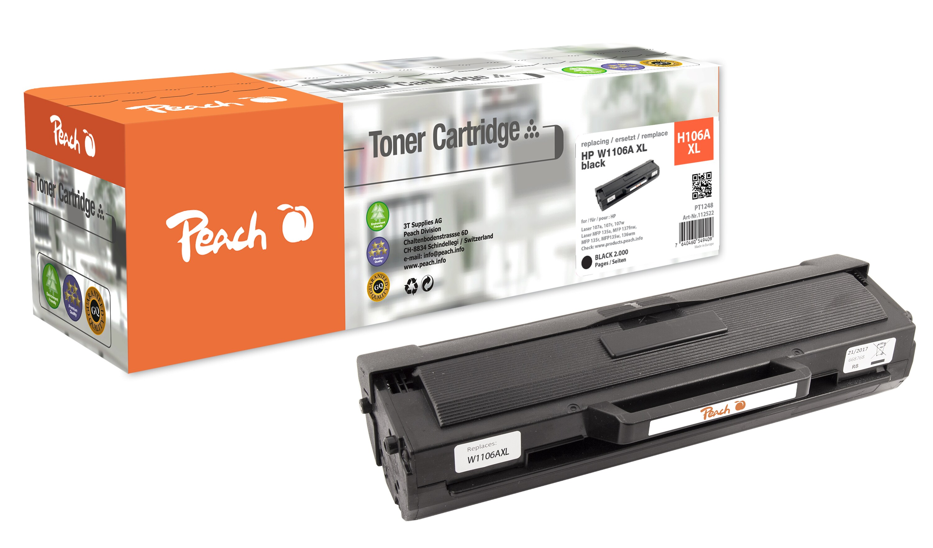 Peach HP 106 AXL Toner XL bk ersetzt HP No. 106A XL, W1106A XL f&uuml;r z.B. HP Laser 107 w, HP Laser 107 a, HP Laser 107 r, HP Laser 107 (wiederaufbereitet) - Bild 1