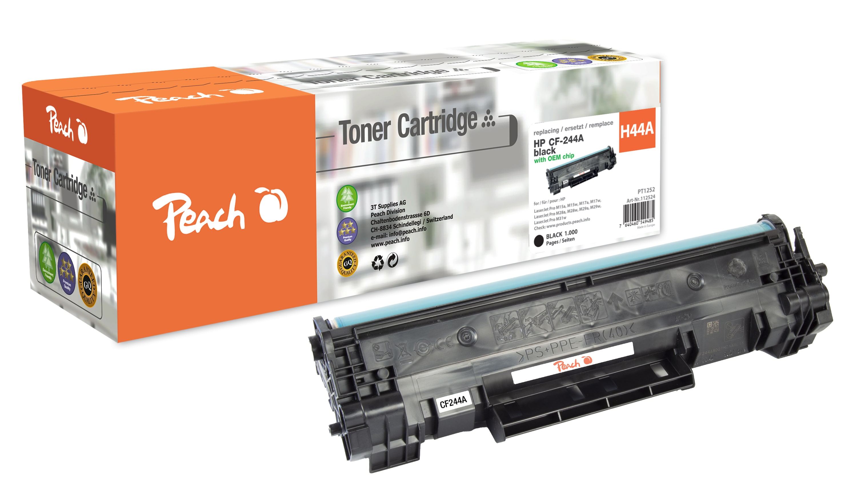 Peach HP 44 A Toner bk ersetzt HP No. 44A, CF244A f&uuml;r z.B. HP LaserJet Pro M 15 w, HP LaserJet Pro MFP M 28 w, HP LaserJet Pro M 17 a (wiederaufbereitet) - Bild 1
