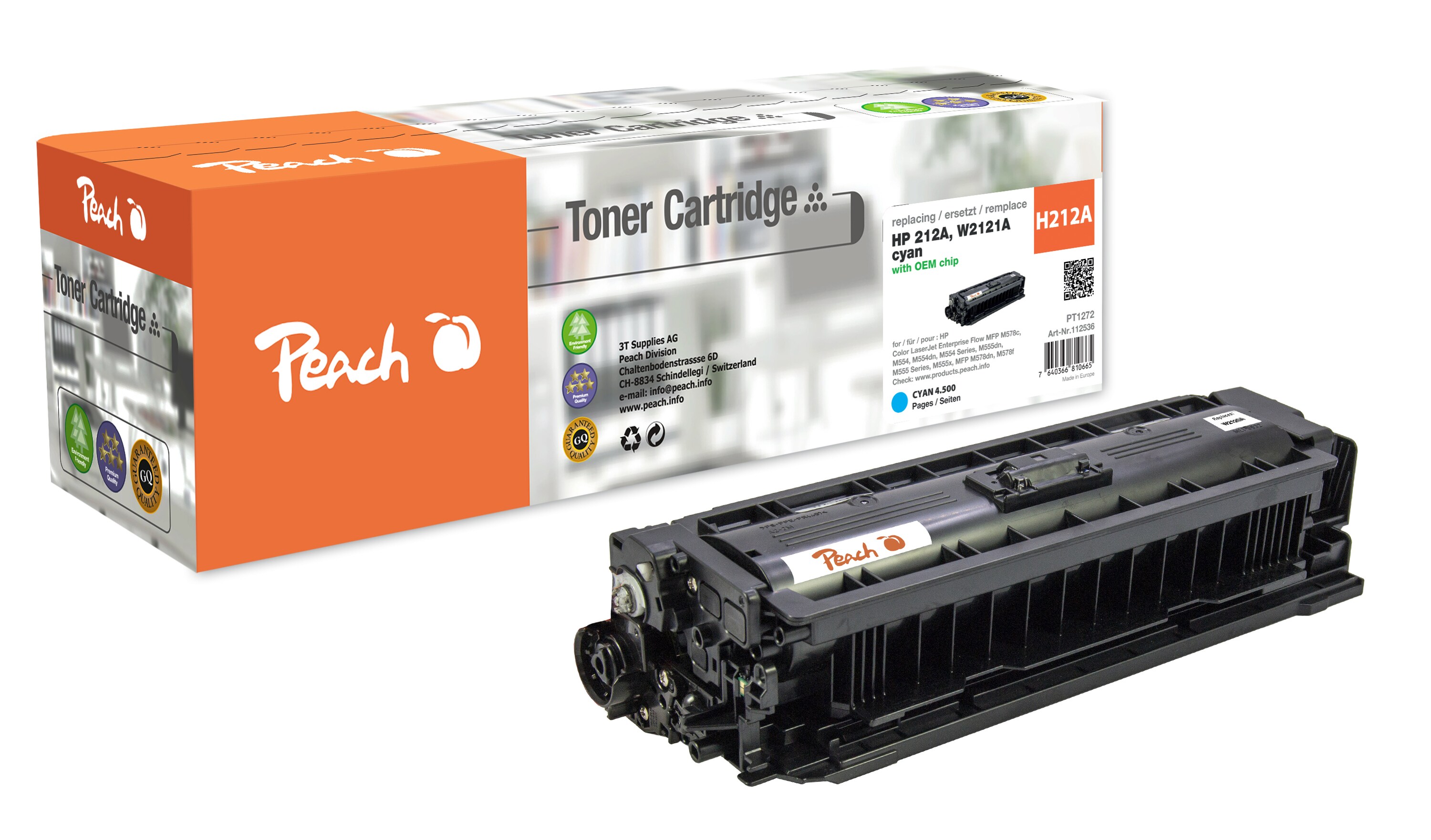 Peach HP 212 A Toner cy ersetzt HP No. 212A, W2120A f&uuml;r z.B. HP Color LaserJet Enterprise M 555, HP Color LaserJet Enterprise Flow MFP M 578 c (wiederaufbereitet) - Bild 1
