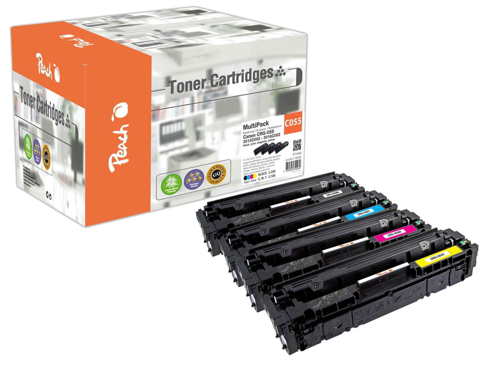 Peach HP 055 4 Toner (bk, c/m/y) ersetzt Canon CRG-055, 3016C002, 3015C002, 3014C002, 3013C002 für z.B. Canon iSENSYS LBP -660 (wiederaufbereitet)