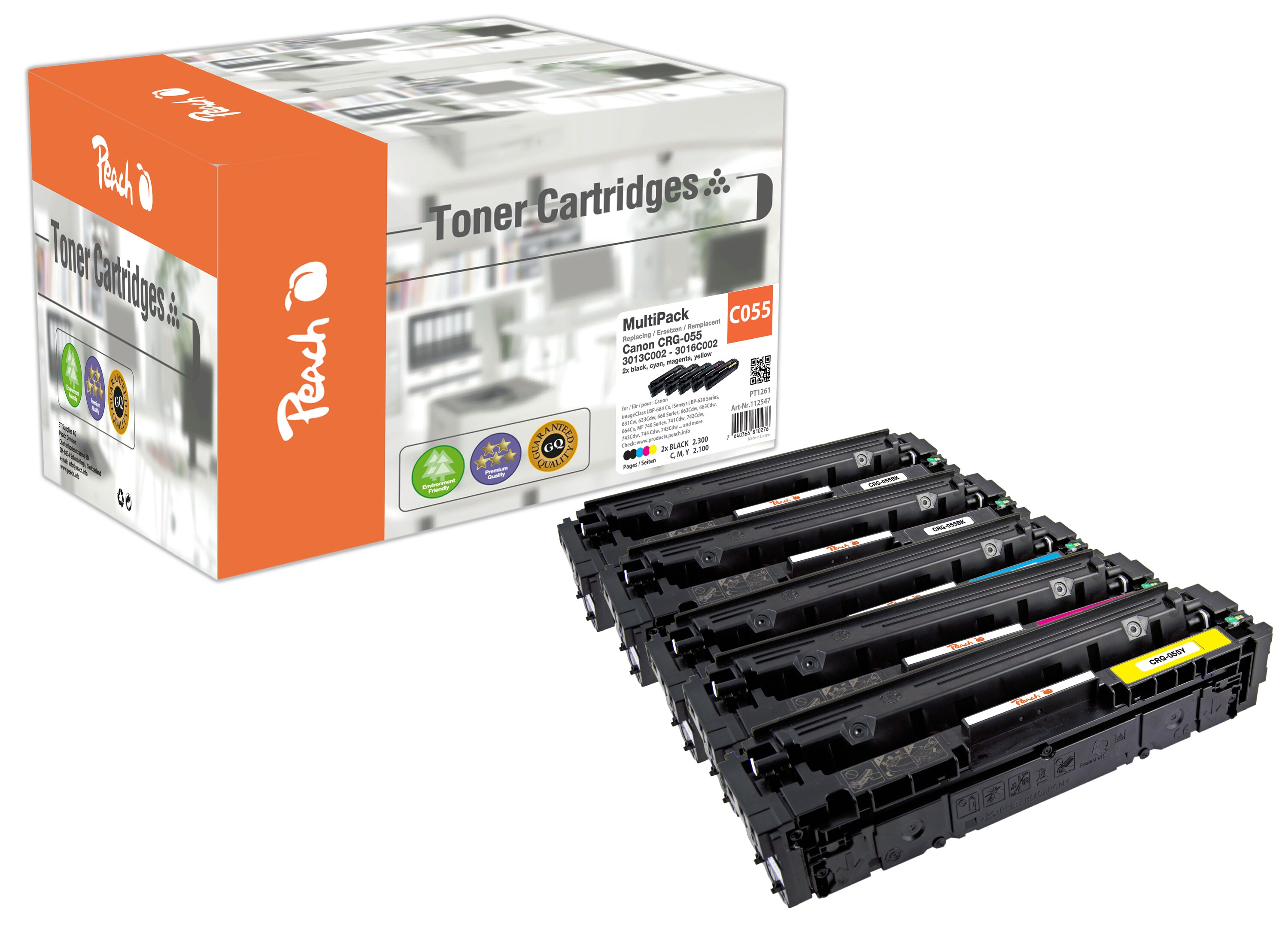 Peach HP 055  5 Toner (2*bk, c/m/y) ersetzt Canon CRG-055, 3016C002*2, 3015C002, 3014C002, 3013C002 f&uuml;r z.B. Canon iSENSYS LBP -660 (wiederaufbereitet) - Bild 1
