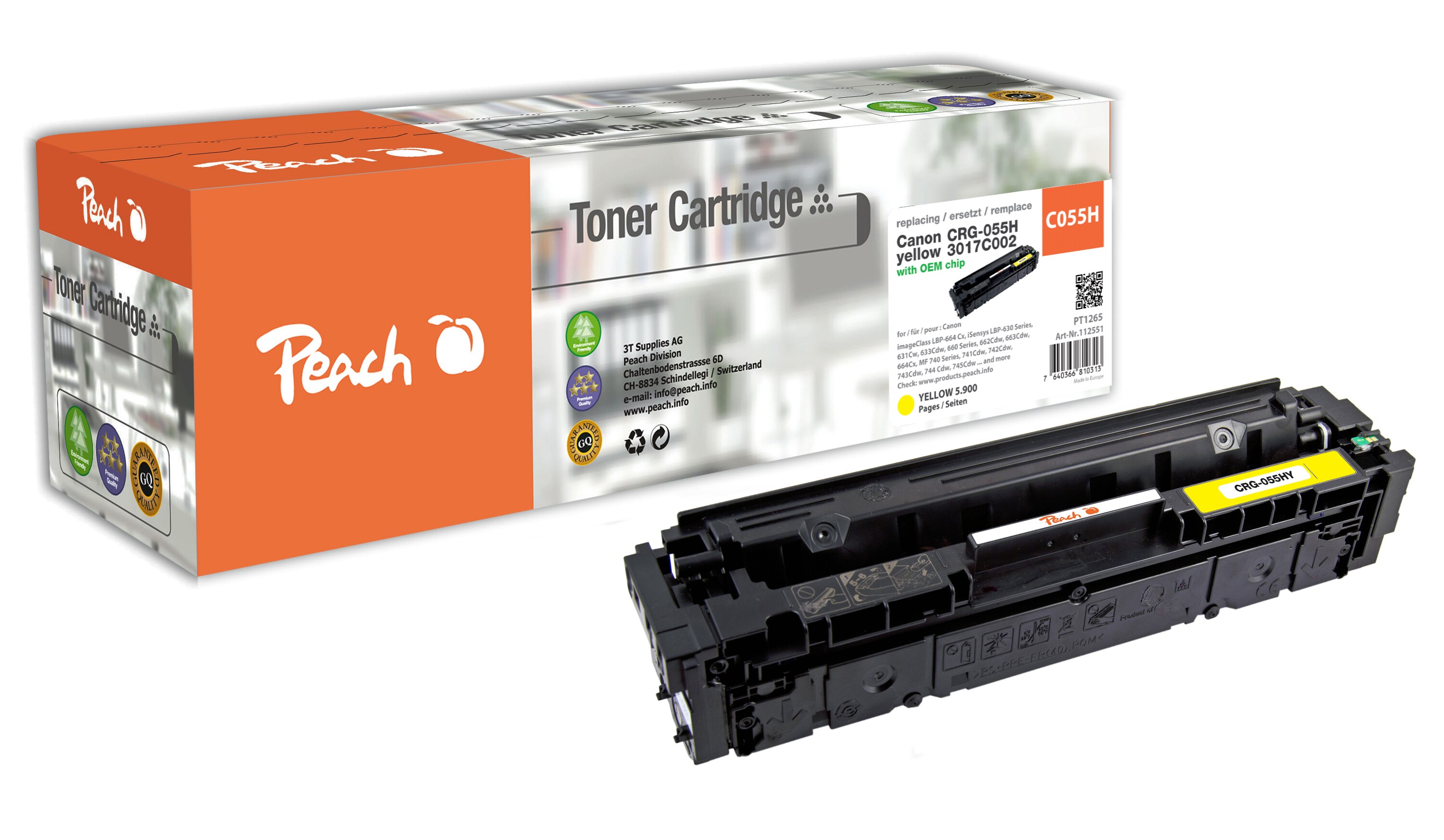 Peach HP 055 Hy Toner XL ye ersetzt Canon CRG-055H y, 3017C002 f&uuml;r z.B. Canon iSENSYS LBP -660, Canon iSENSYS LBP -662 Cdw, Canon iSENSYS MF 740 (wiederaufbereitet) - Bild 1