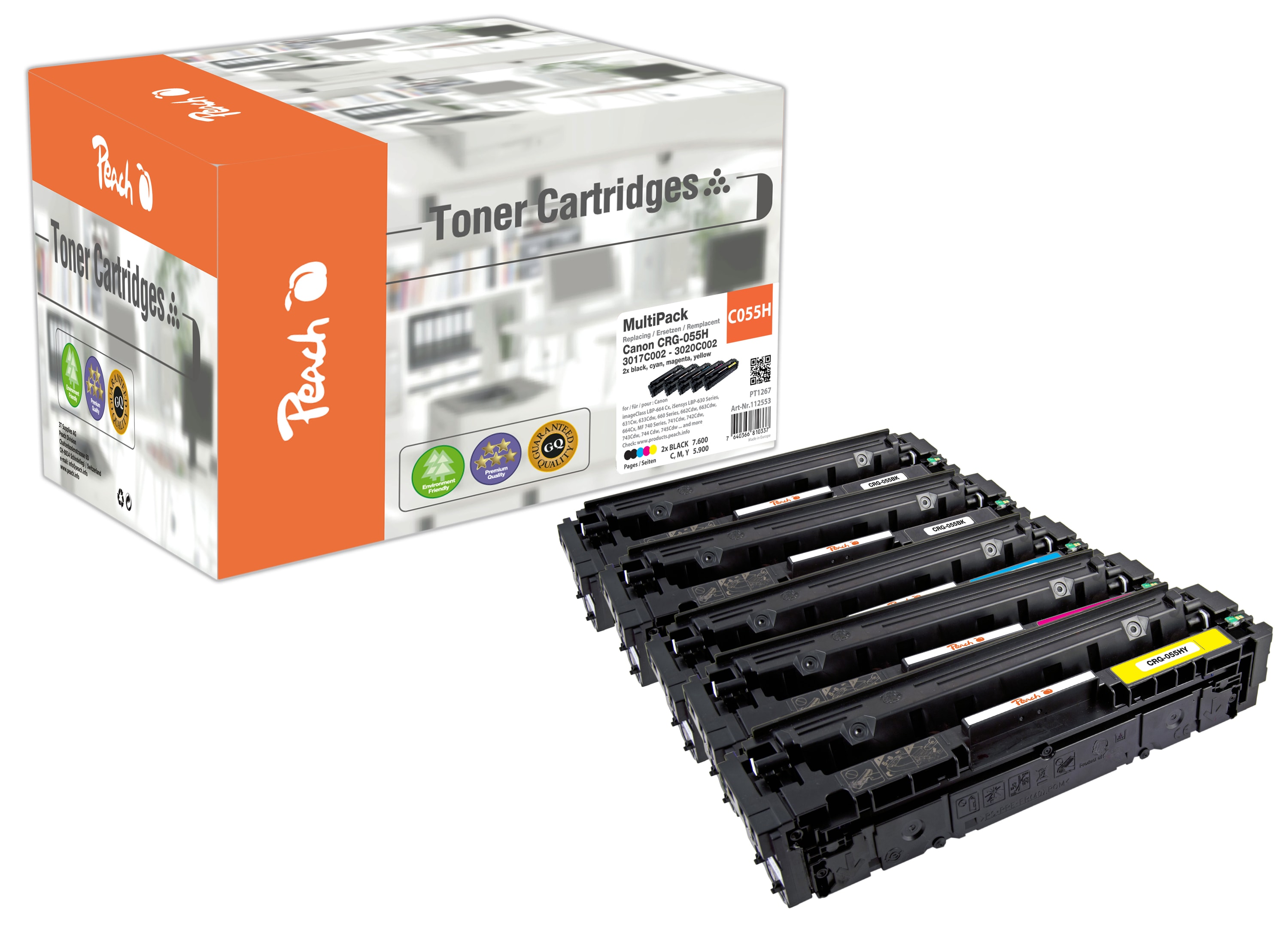Peach HP 415-W2030/1/2/3-C055 5 Toner XL (2*bk, c/m/y) ersetzt Canon 3020C002*2, 3019C002, 3018C002, 3017C002 f&uuml;r z.B. Canon iSENSYS LBP -660 (wiederaufbereitet) - Bild 1