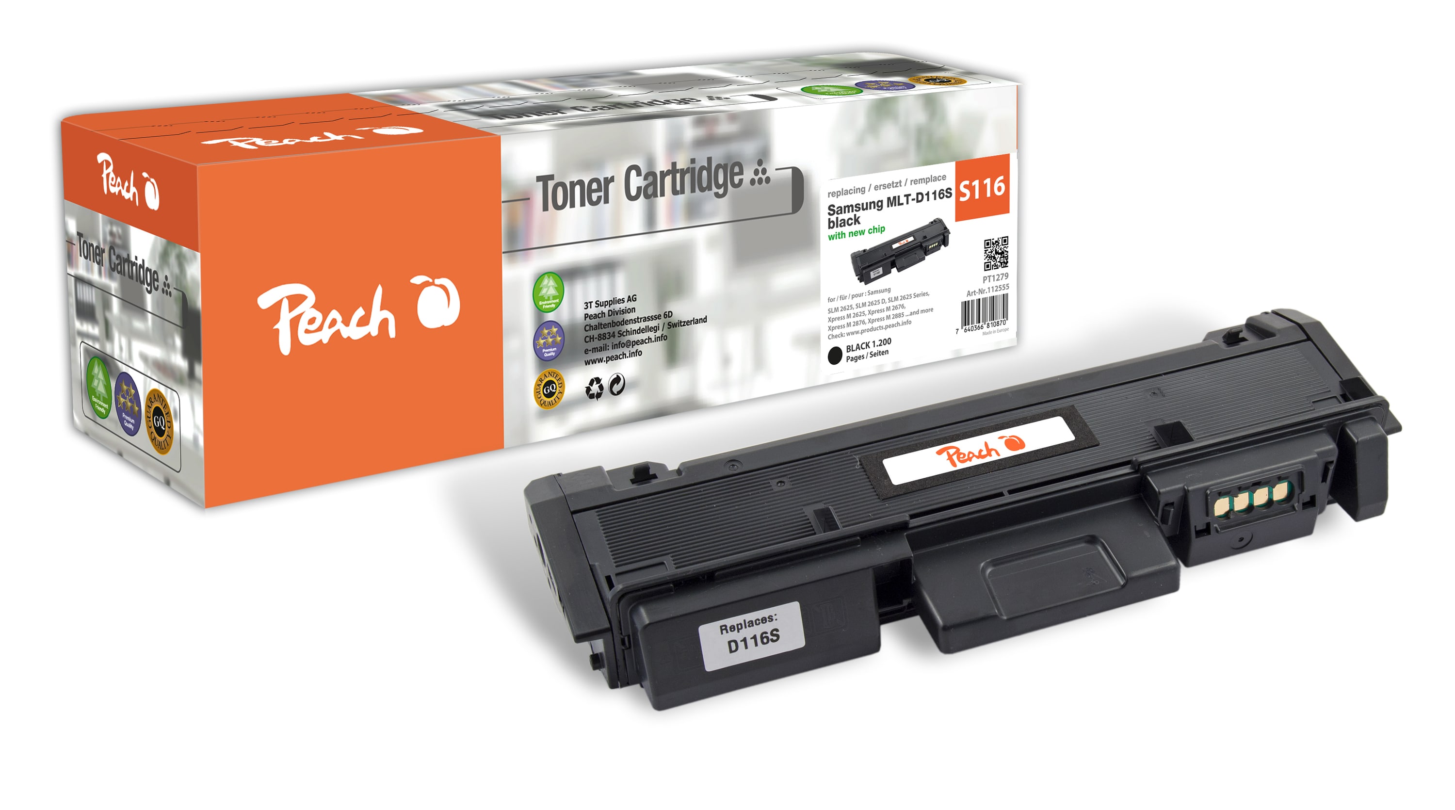 Peach S116  Toner bk ersetzt Samsung MLT-D116S/ELS, SU840A f&uuml;r z.B. Samsung Xpress M 2835 DW, Samsung SLM 2625, Samsung SLM 2625 D (wiederaufbereitet) - Bild 1