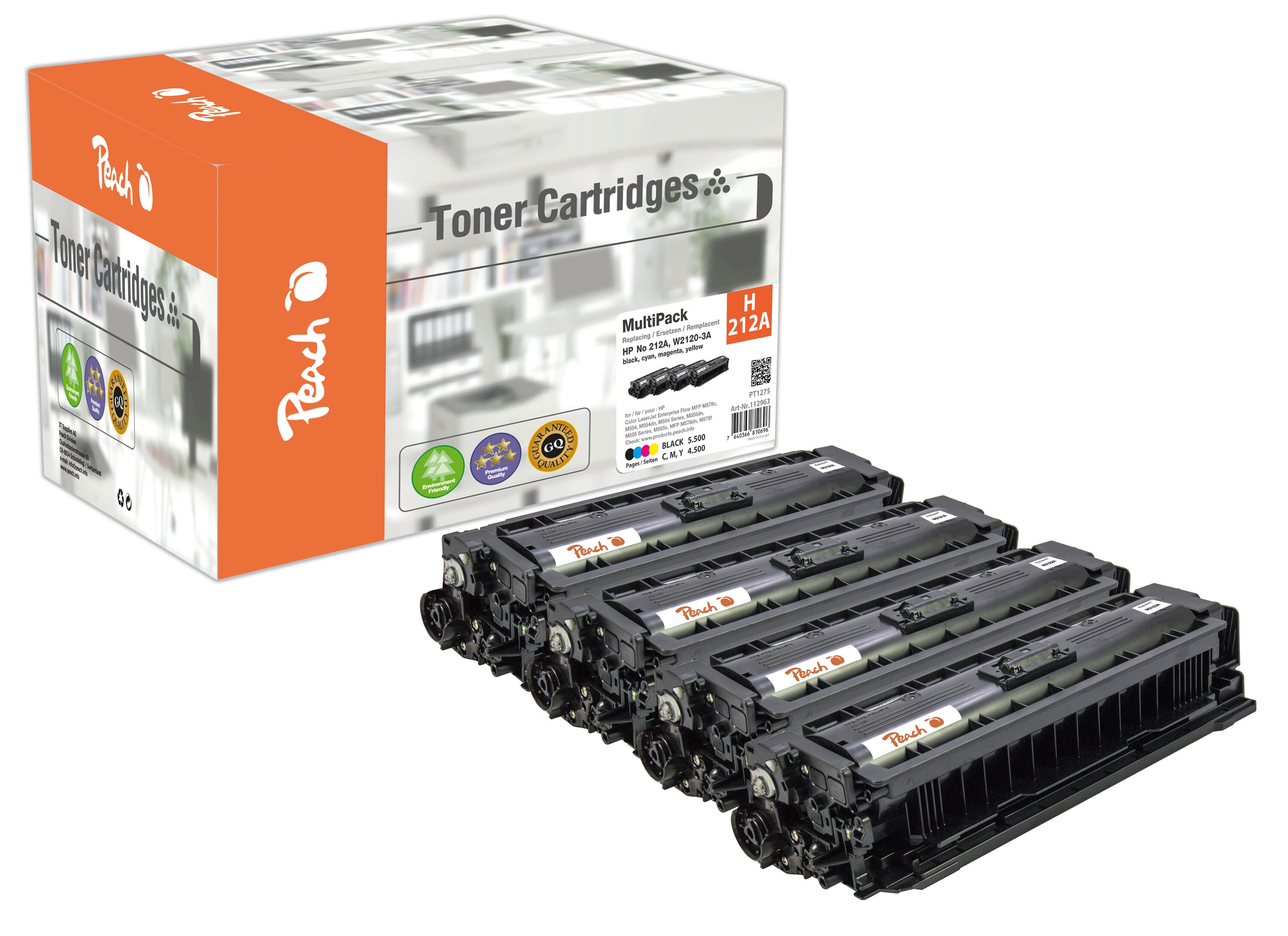 Peach HP 212 A 4 Toner (bk, c/m/y) ersetzt HP No. 212A, W2120A, W2121A, W2122A, W2123A f&uuml;r z.B. HP Color LaserJet Enterprise M 555 (wiederaufbereitet) - Bild 1