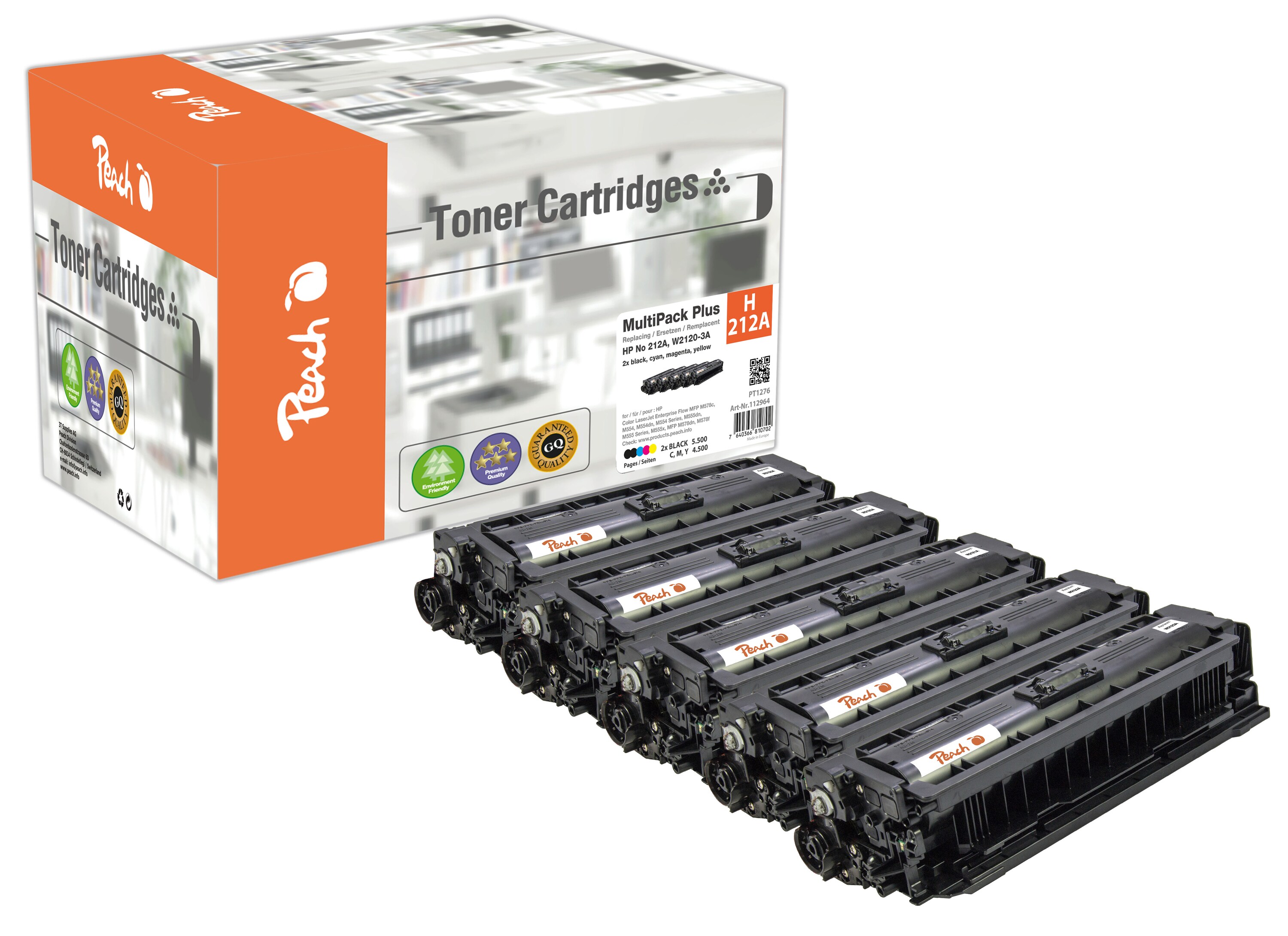 Peach HP 212 A 5 Toner (2*bk, c/m/y) ersetzt HP No. 212A, W2120A*2, W2121A, W2122A, W2123A f&uuml;r z.B. HP Color LaserJet Enterprise M 555 (wiederaufbereitet) - Bild 1