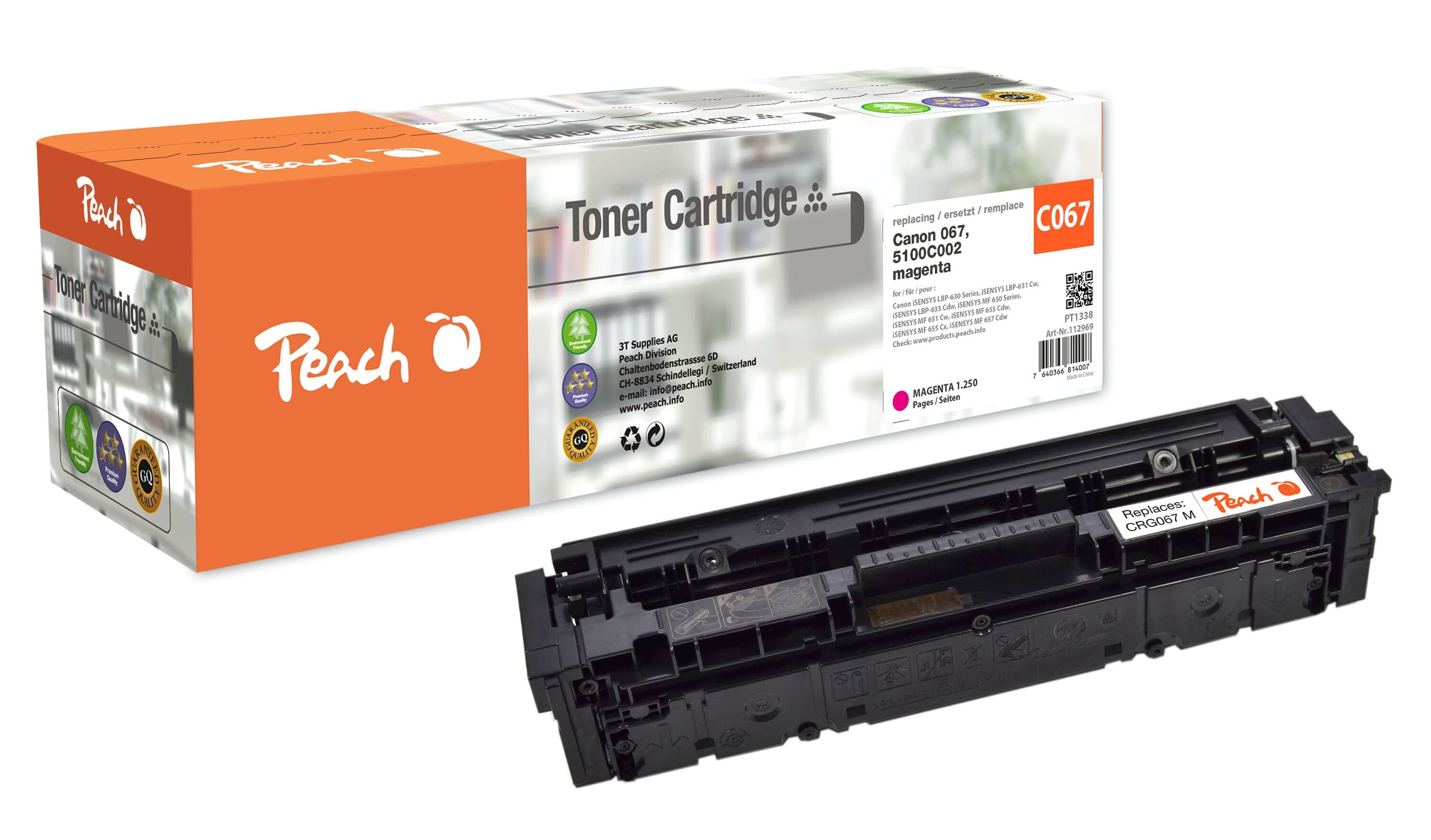Peach HP 207-W2210/1/2/3-C067 Toner ma ersetzt Canon 067 m, 5100C002 f&uuml;r z.B. Canon iSENSYS MF 655 Cdw, Canon iSENSYS MF 657 Cdw (wiederaufbereitet) - Bild 1