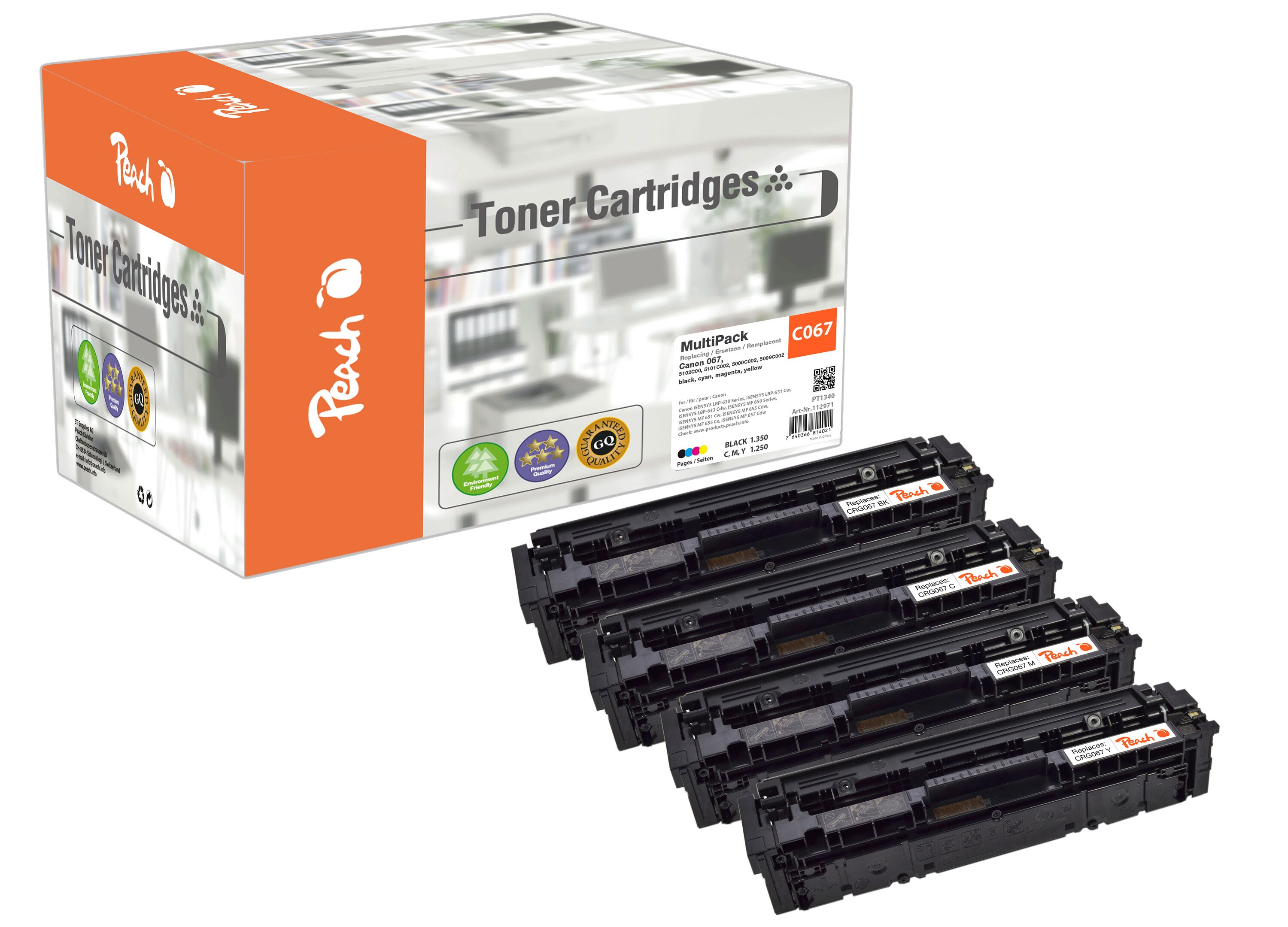 Peach HP 207-W2210/1/2/3-C067 4 Toner (bk, c/m/y) ersetzt Canon 067, 5102C002, 5101C002, 5100C002, 5099C002 f&uuml;r z.B. Canon iSENSYS MF 655 Cdw (wiederaufbereitet) - Bild 1