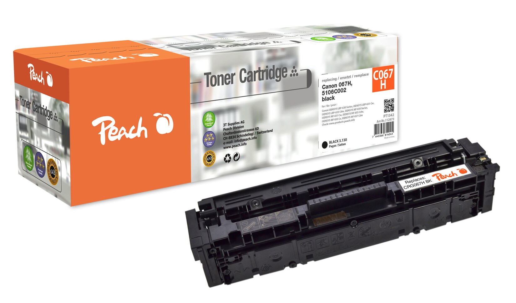 Peach HP 207-W2210/1/2/3-C067 Toner XL bk ersetzt Canon 067H bk, 5106C002 für z.B. Canon iSENSYS MF 655 Cdw, Canon iSENSYS MF 657 Cdw (wiederaufbereitet)