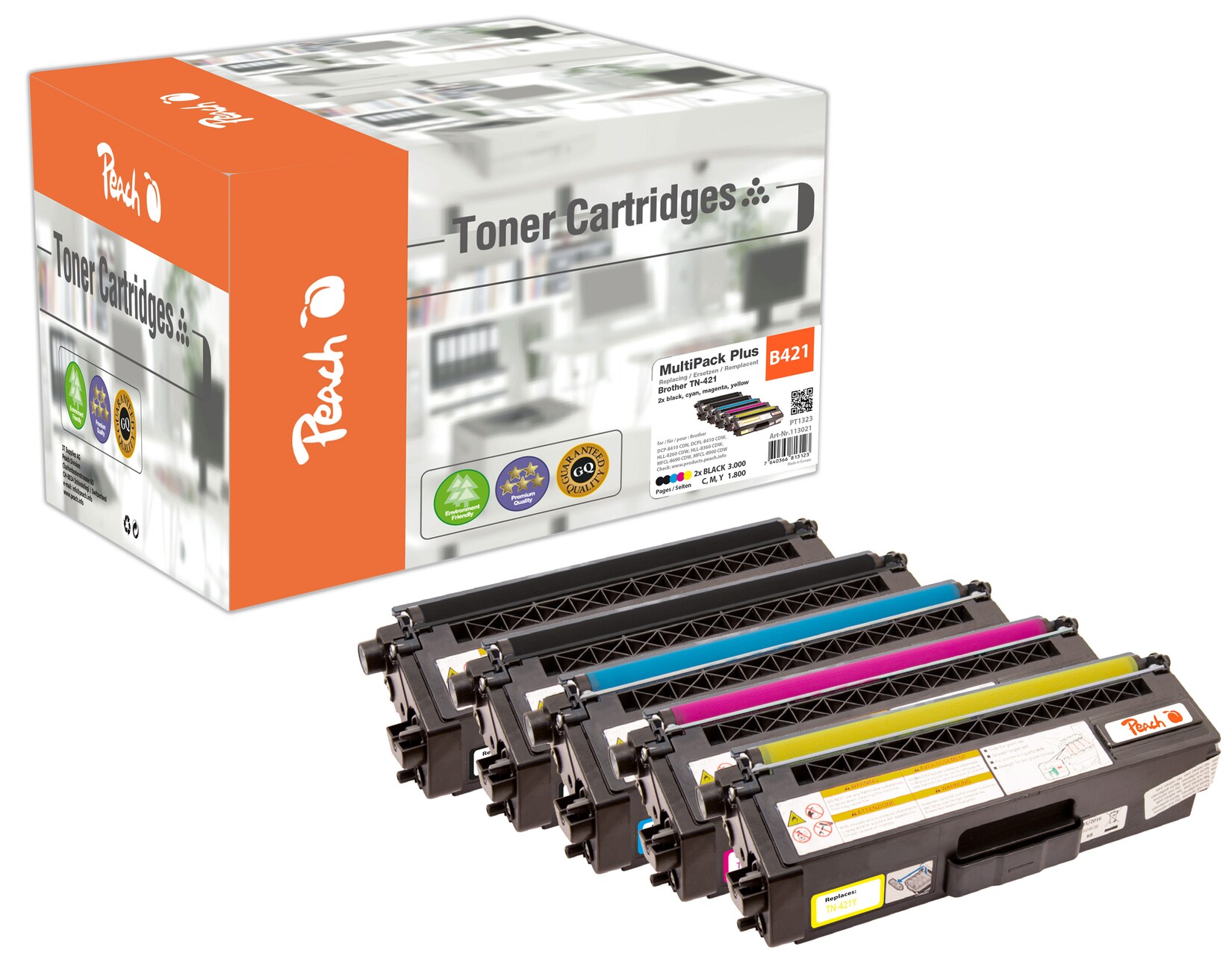 Peach B421 5 Toner (2*bk, c/m/y) ersetzt Brother TN-421 für z.B. Brother DCPL 8410 CDW, Brother MFCL 8690 CDW, Brother DCPL 8410 CDN (wiederaufbereitet)