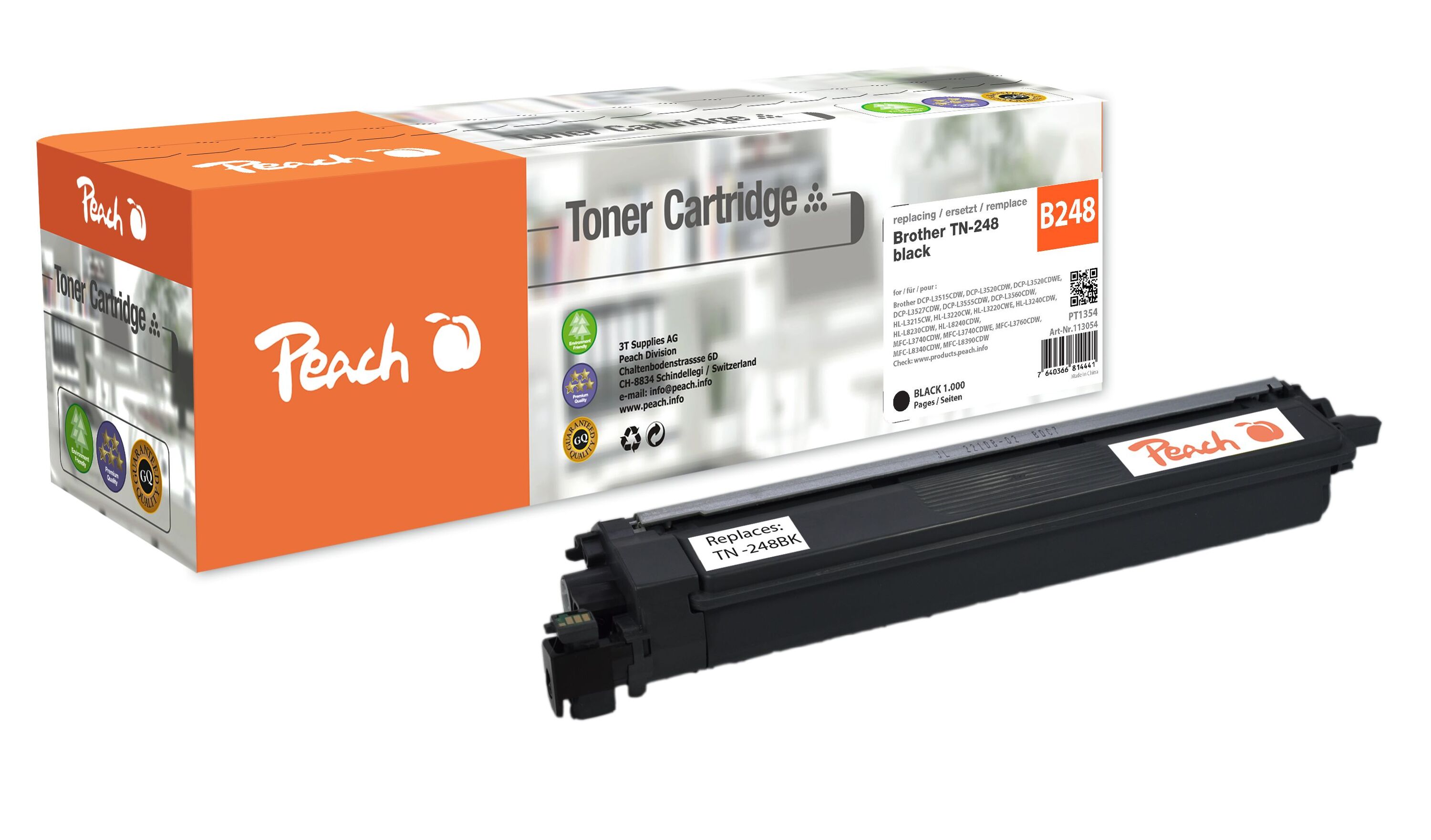 Peach B248 BK Toner bk ersetzt Brother TN-248BK f&uuml;r z.B. Brother DCPL 3560 CDW, Brother MFCL 8390 CDW, Brother HLL 3280 CDW, Brother MFCL 3740 (wiederaufbereitet) - Bild 1