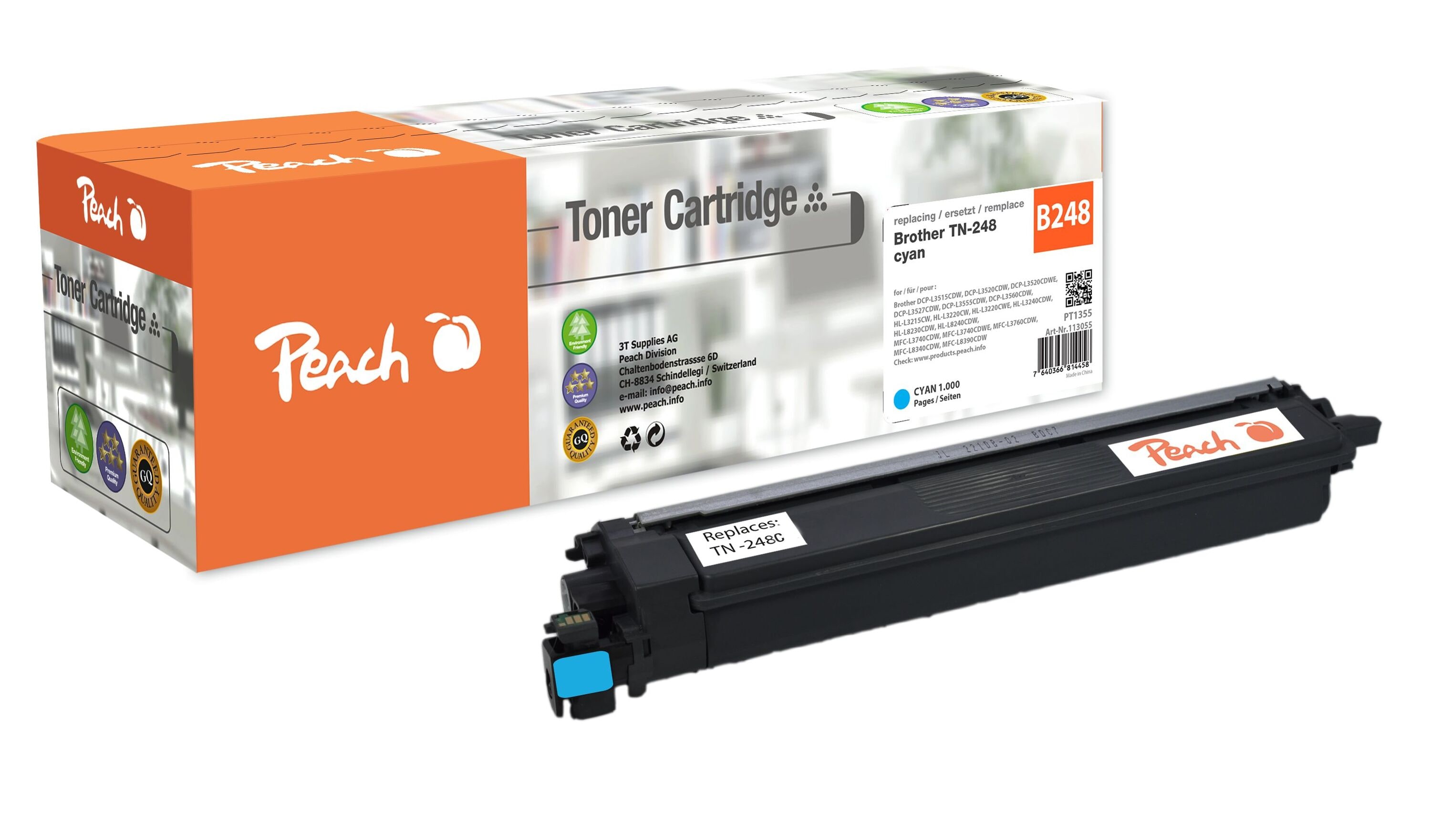 Peach B248 C Toner cy ersetzt Brother TN-248C f&uuml;r z.B. Brother DCPL 3560 CDW, Brother MFCL 8390 CDW, Brother HLL 3280 CDW, Brother MFCL 3740 CDN (wiederaufbereitet) - Bild 1