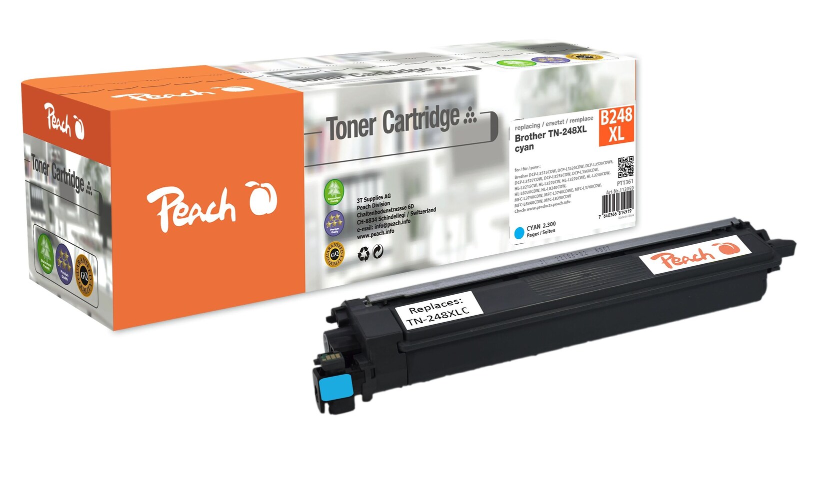 Peach B248 XLC Toner XL cy ersetzt Brother TN-248XLC für z.B. Brother HLL 3215 CW, Brother DCPL 3560 CDW, Brother MFCL 3760 CDW (wiederaufbereitet)