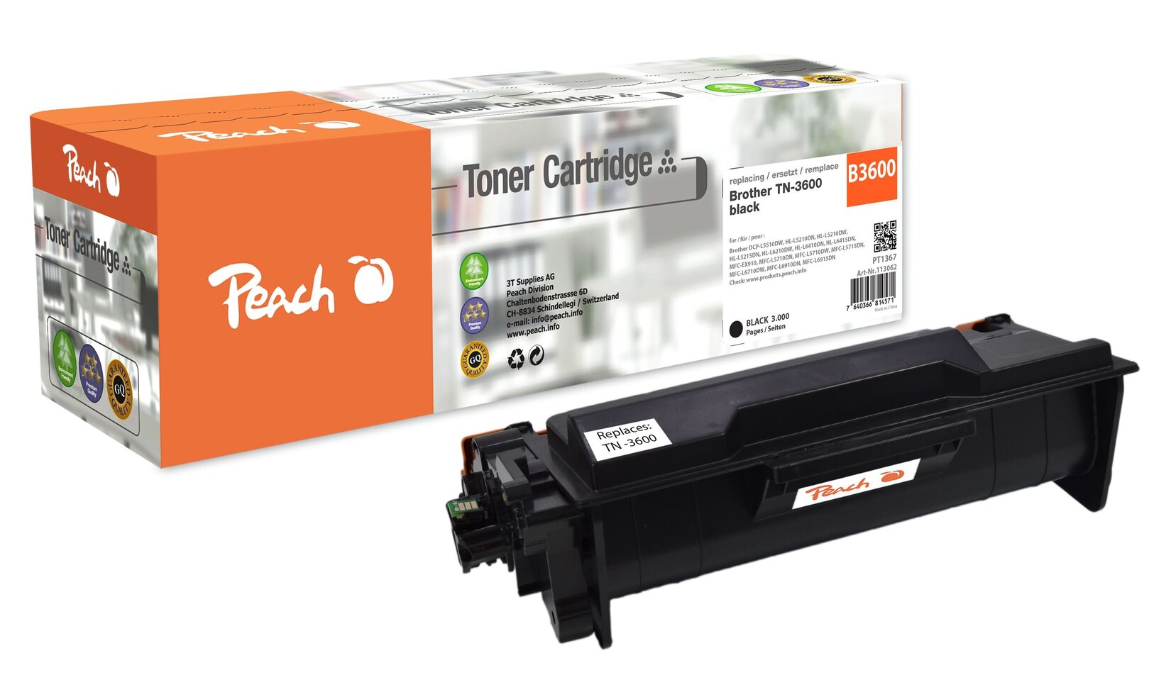 Peach B3600 BK Toner bk ersetzt Brother TN-3600BK für z.B. Brother DCPL 5510 DW, Brother HLL 5210 DN, Brother HLL 5210 DNT, Brother HLL 5210 DNTT (wiederaufbereitet)