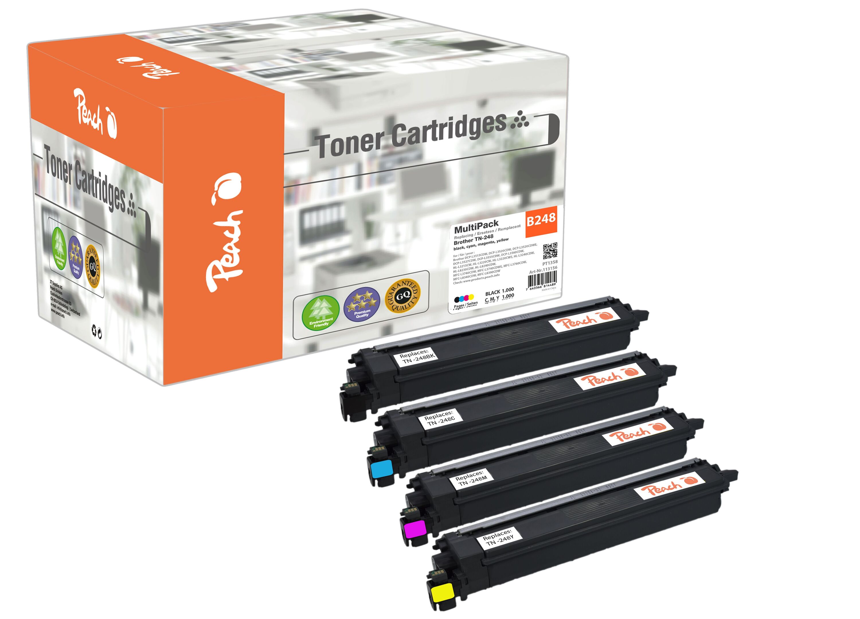 Peach B248  4 Toner (bk, c/m/y) ersetzt Brother TN-248 f&uuml;r z.B. Brother DCPL 3560 CDW, Brother MFCL 8390 CDW, Brother HLL 3280 CDW (wiederaufbereitet) - Bild 1