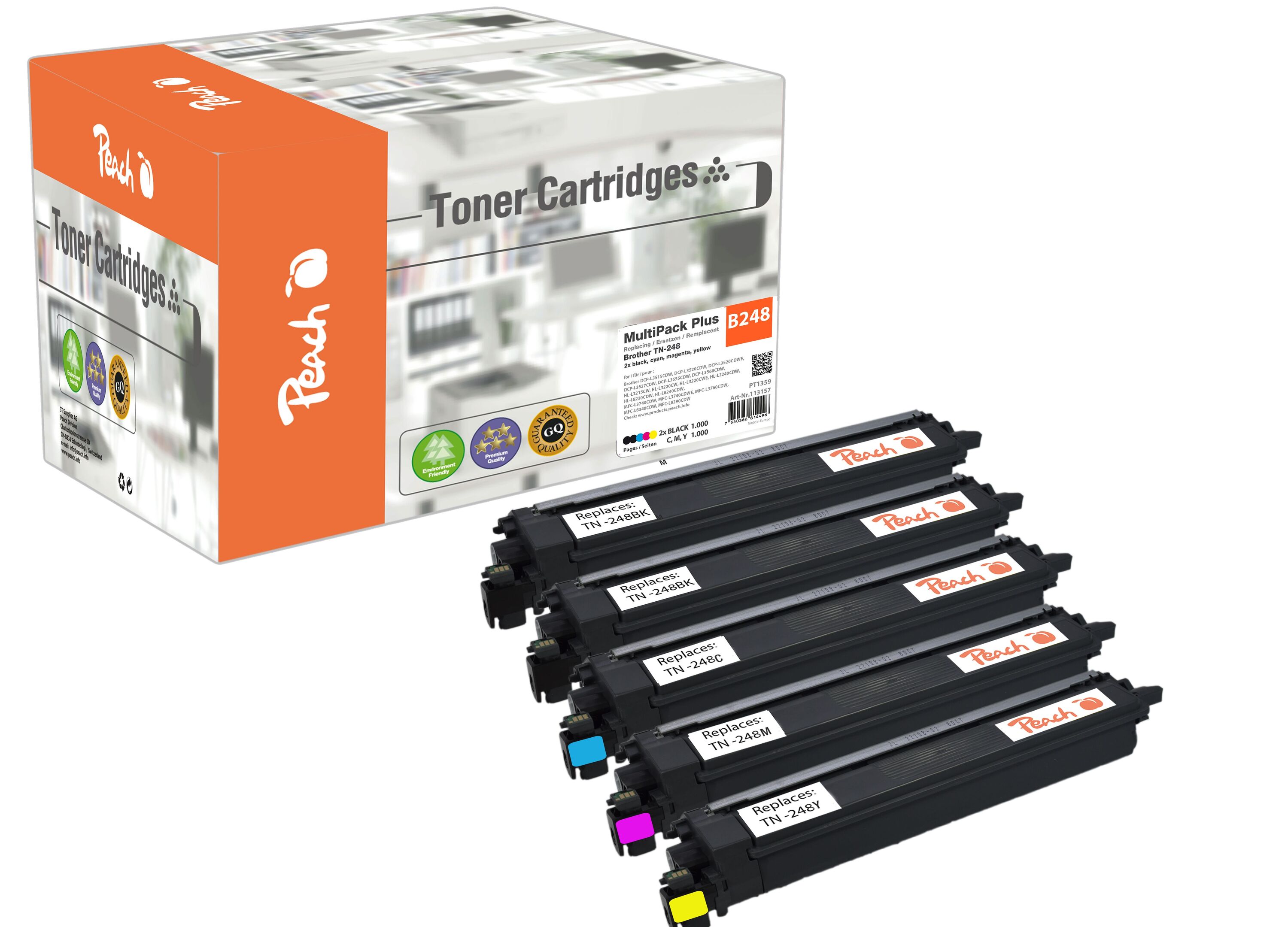 Peach B248  5 Toner (2*bk, c/m/y) ersetzt Brother TN-248 f&uuml;r z.B. Brother DCPL 3560 CDW, Brother MFCL 8390 CDW, Brother HLL 3280 CDW (wiederaufbereitet) - Bild 1